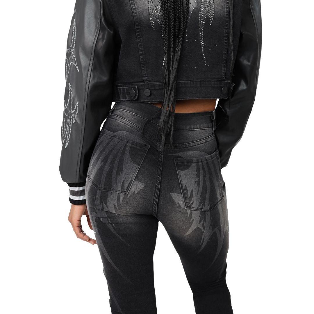 Smoke Rise Women's Stacked Wings Denim Jeans - BLACK Thumbnail View 7