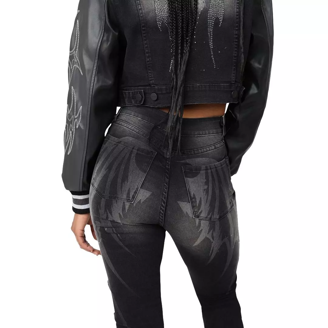 Smoke Rise Women's Stacked Wings Denim Jeans - BLACK