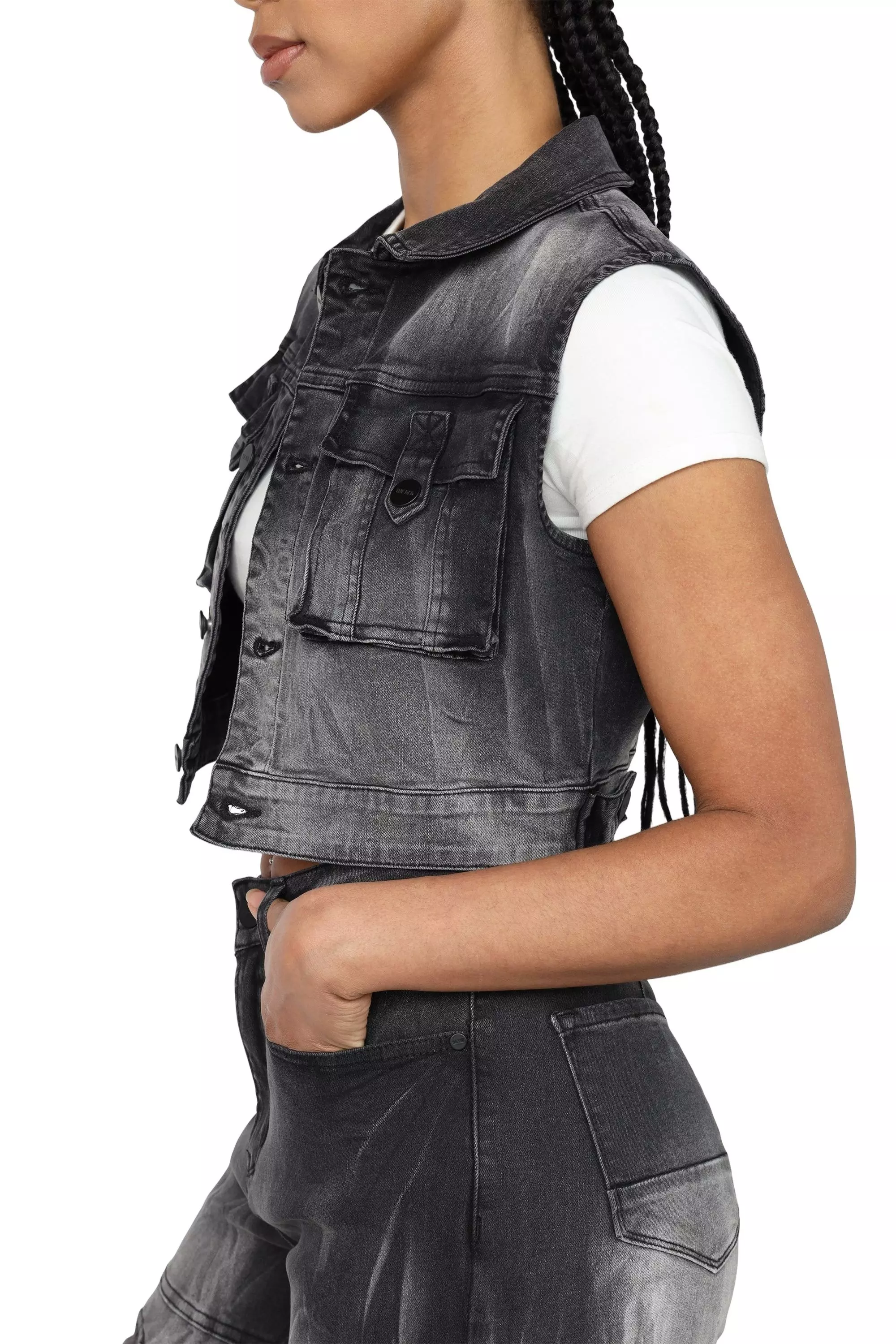 Smoke Rise Women's Denim Trucker Vest - Black - BLACK