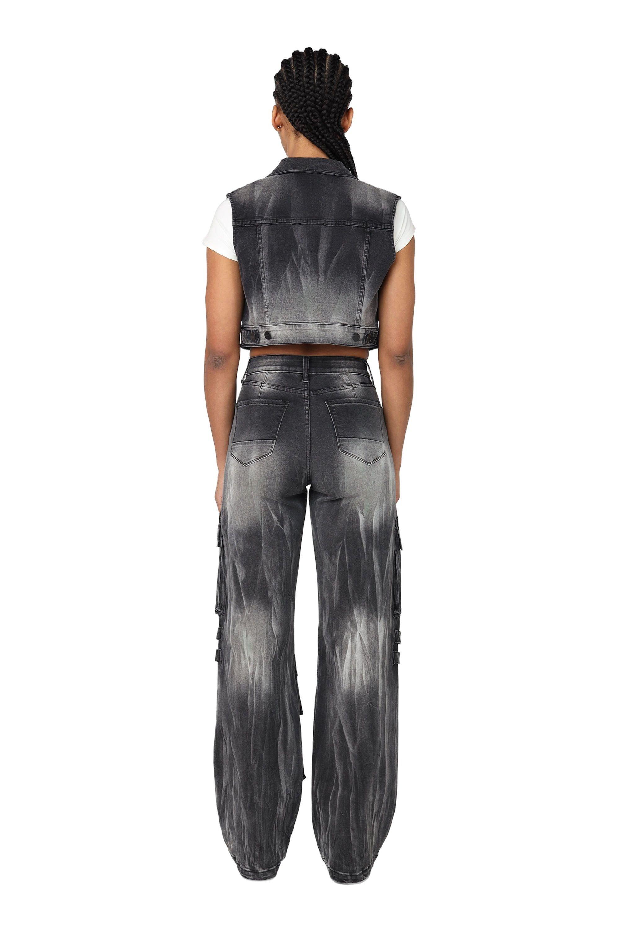 Smoke Rise Women's Wide Leg Cargo Denim Pants - Black - BLACK Thumbnail View 2