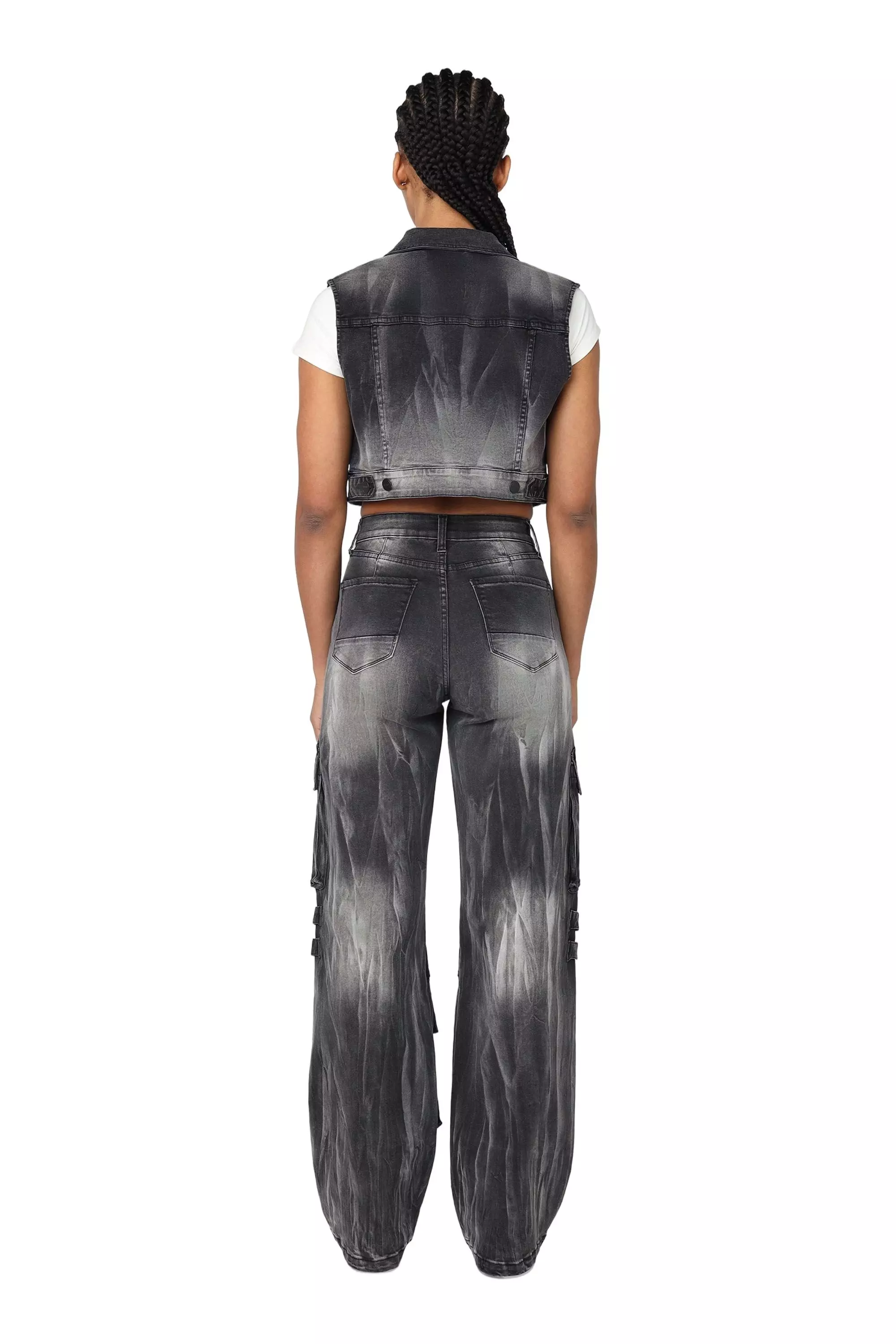 Smoke Rise Women's Wide Leg Cargo Denim Pants - Black - BLACK