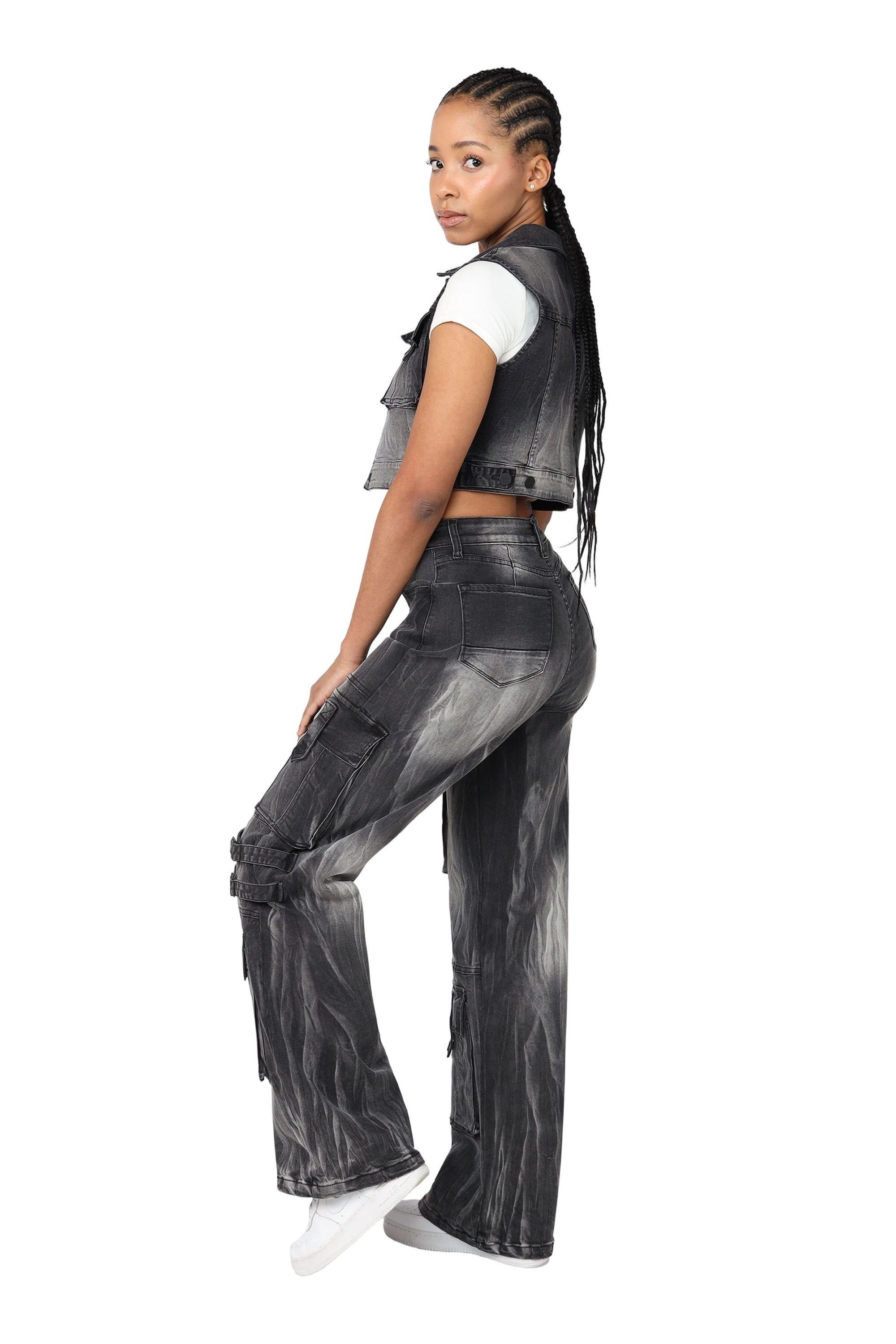 Smoke Rise Women's Wide Leg Cargo Denim Pants - Black - BLACK Thumbnail View 3