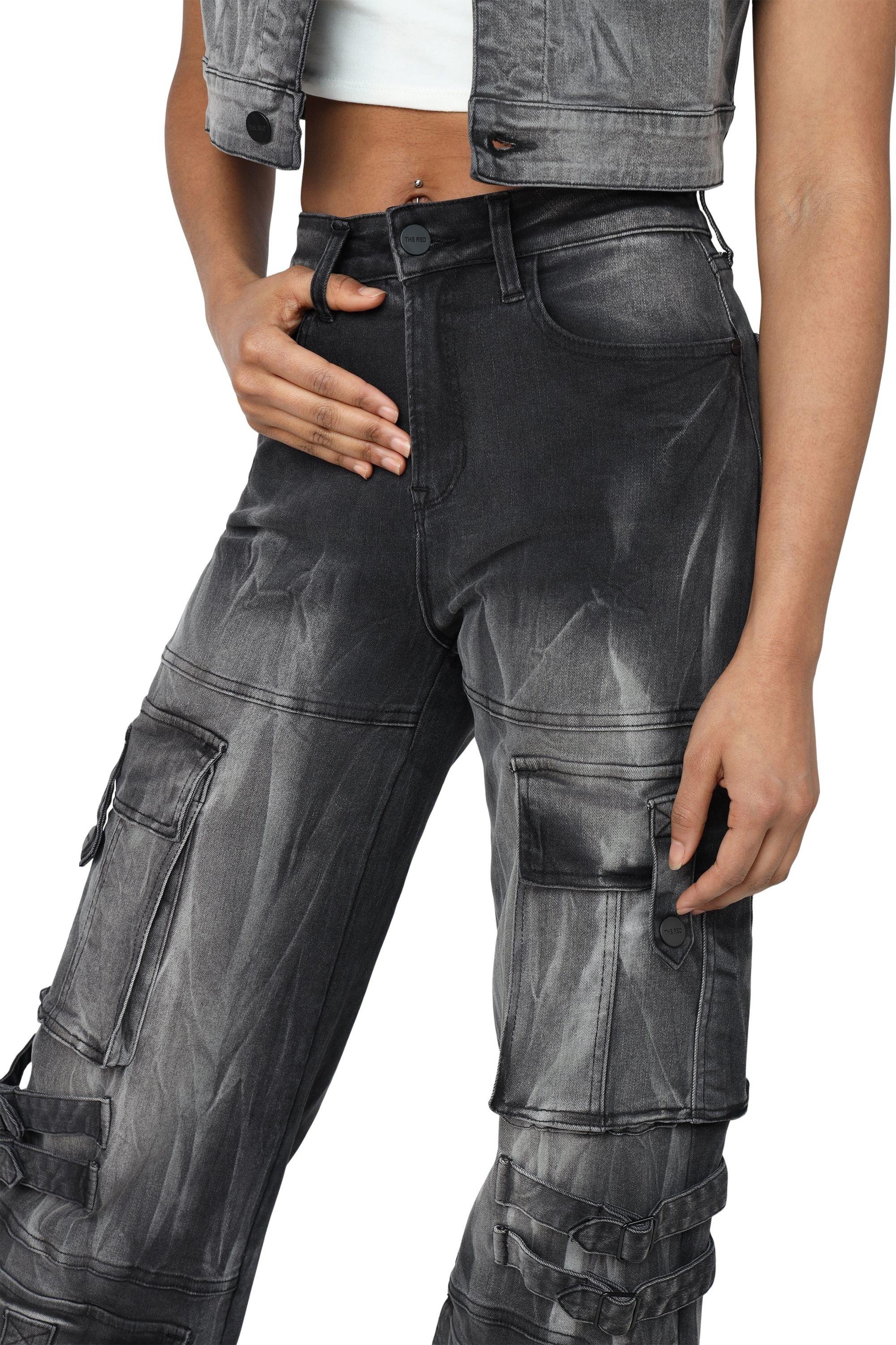 Smoke Rise Women's Wide Leg Cargo Denim Pants - Black - BLACK Thumbnail View 4