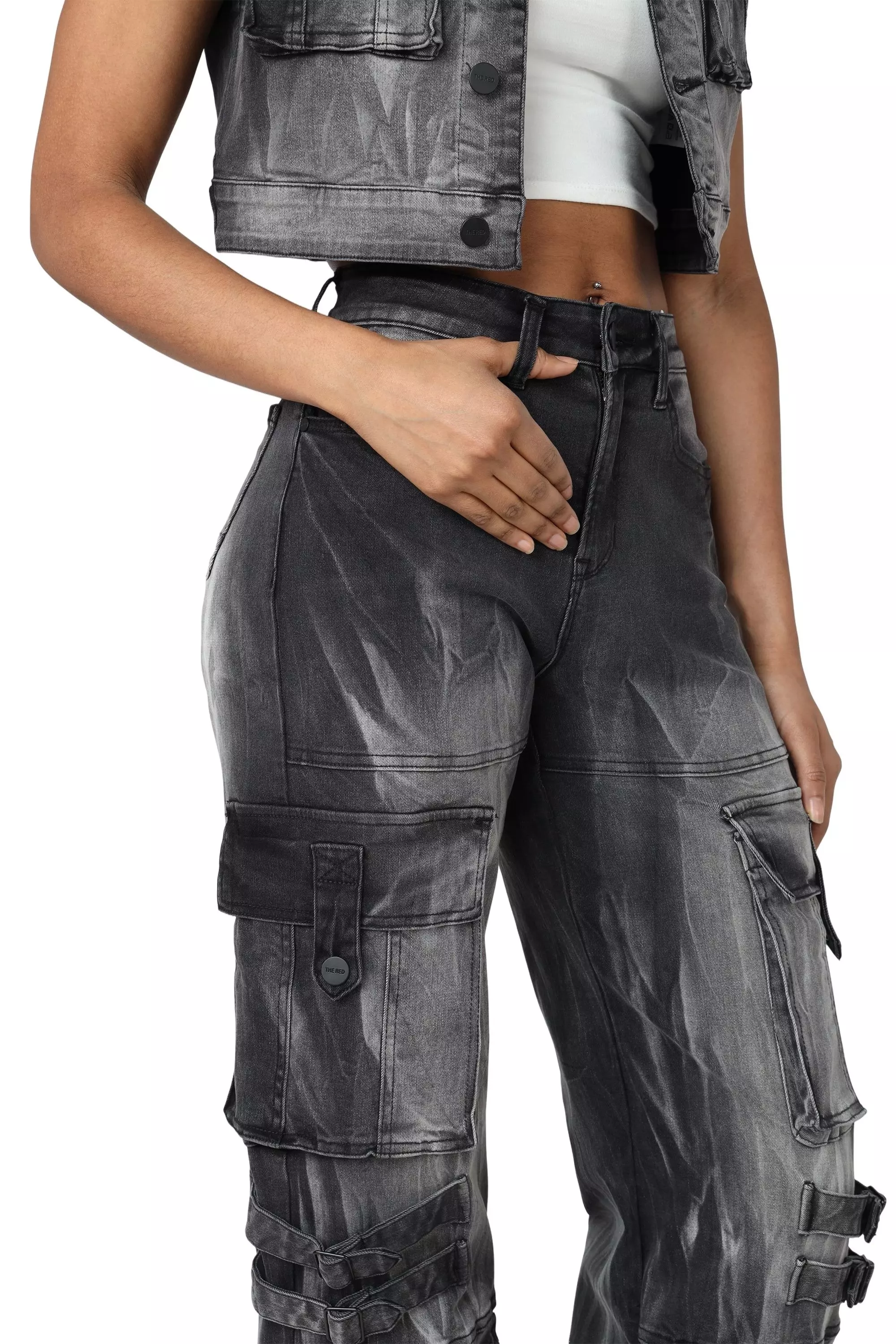 Smoke Rise Women's Wide Leg Cargo Denim Pants - Black - BLACK