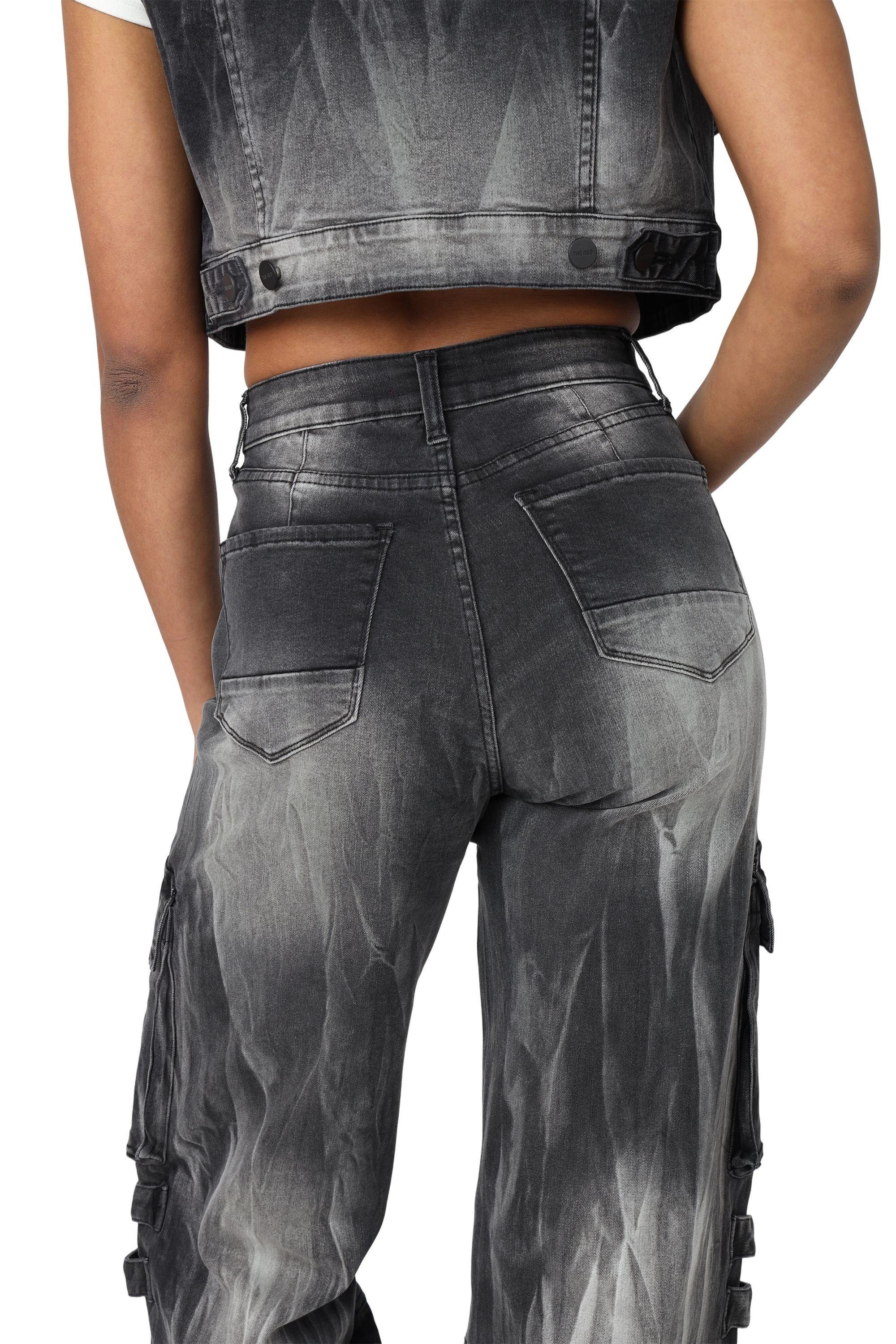 Smoke Rise Women's Wide Leg Cargo Denim Pants - Black - BLACK Thumbnail View 6