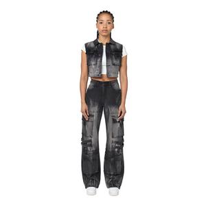 Smoke Rise Women's Wide Leg Cargo Denim Pants - Black