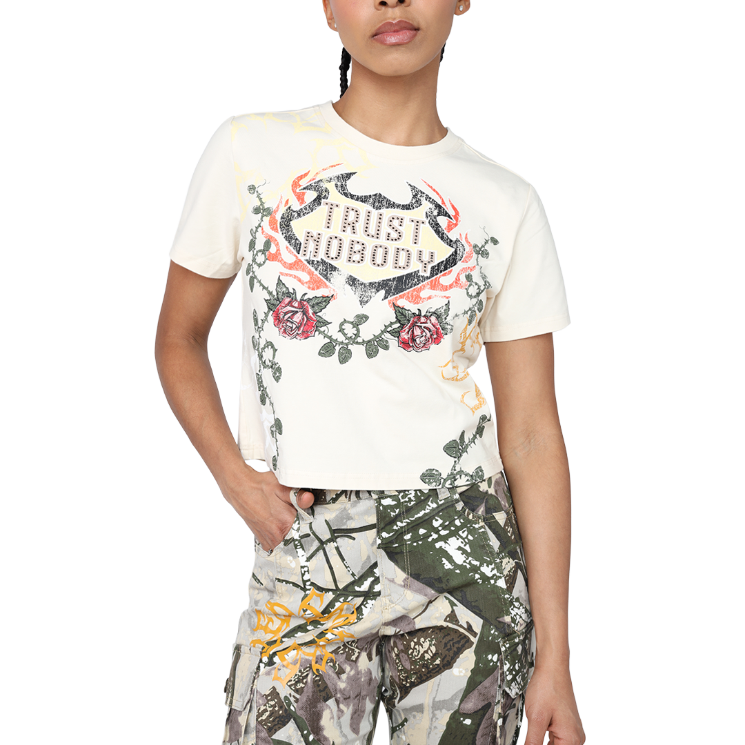 Smoke Rise Women's Roses and Flames Tee - TAN Thumbnail View 1