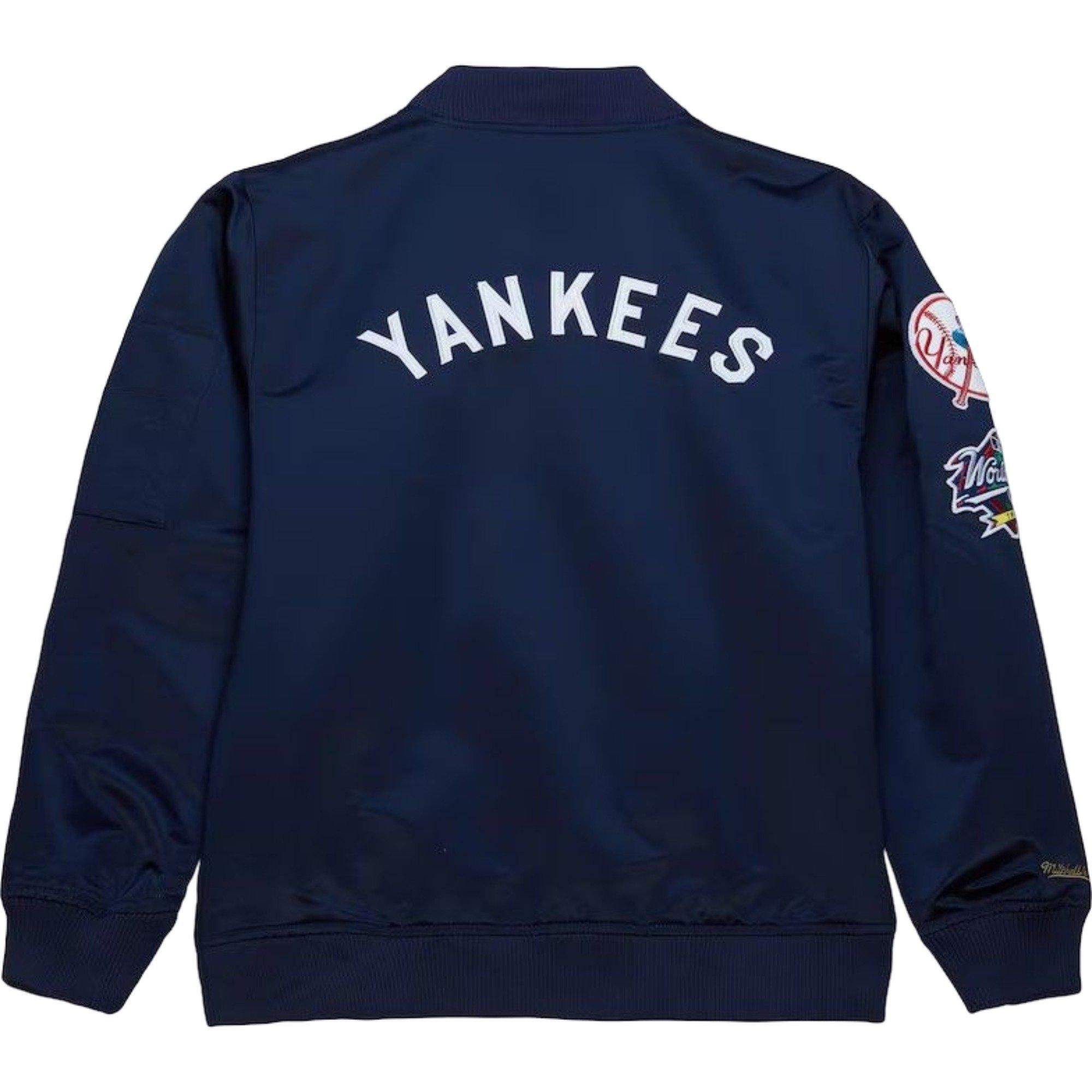 Men's Mitchell & Ness New York Yankees Lightweight Satin Bomber Vintage Logo Jacket-Navy