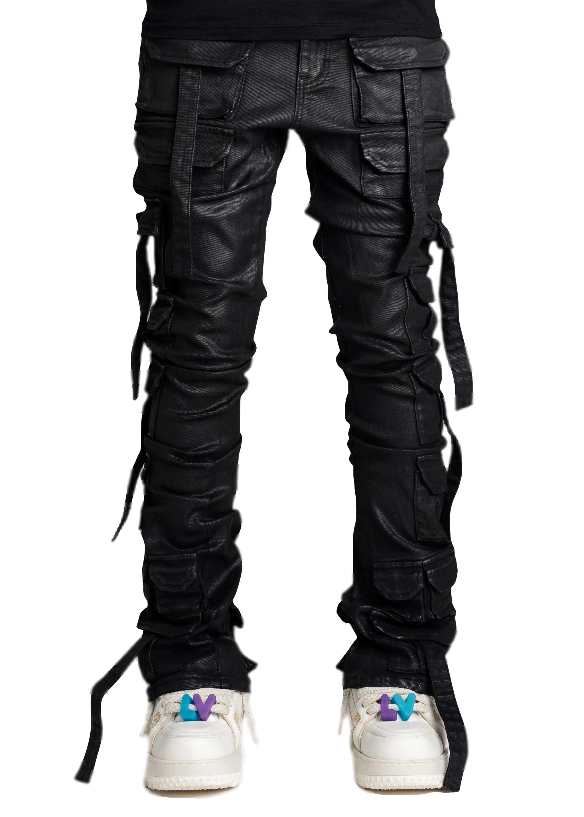 Guapi Men's Starry Tactical Stacked Denim Jeans - BLACK