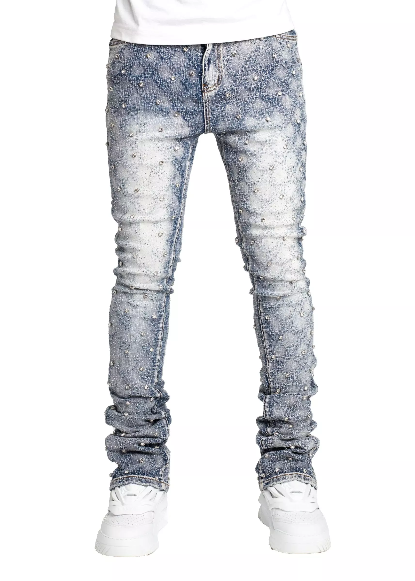Guapi Men's Aqua Blue Embellished Stacked Denim Jeans - BLUE