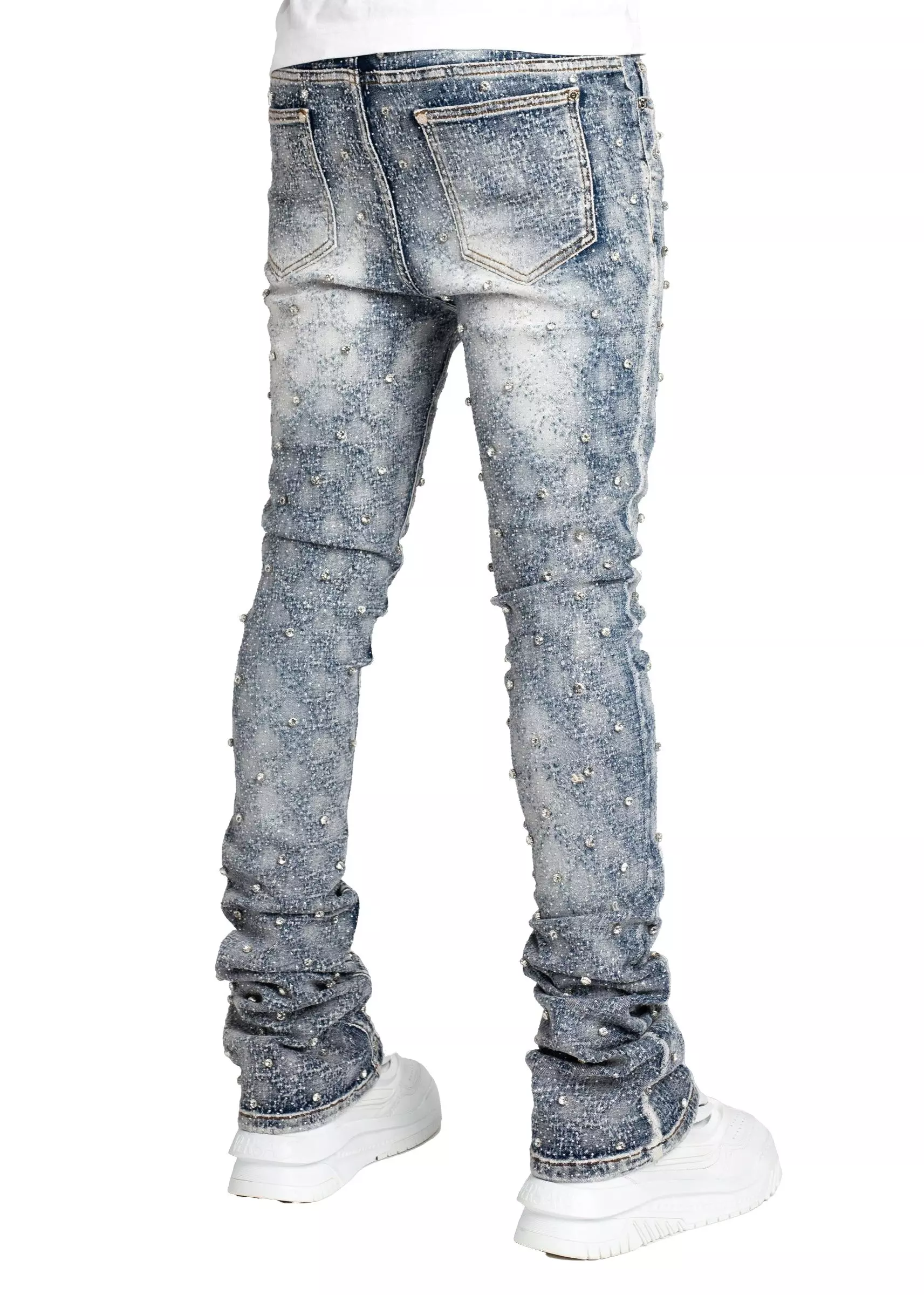 Guapi Men's Aqua Blue Embellished Stacked Denim Jeans - BLUE