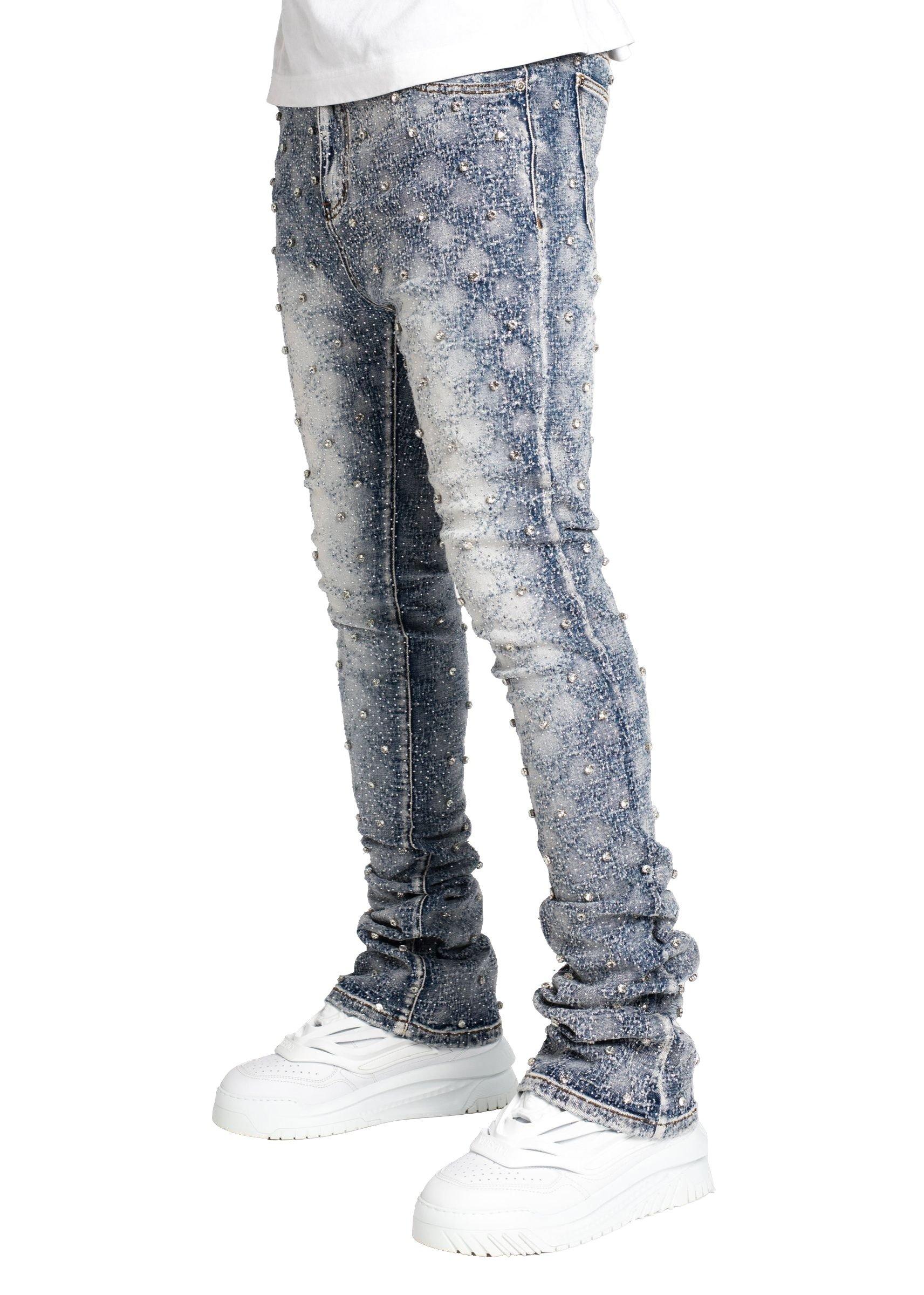 Guapi Men's Aqua Blue Embellished Stacked Denim Jeans
