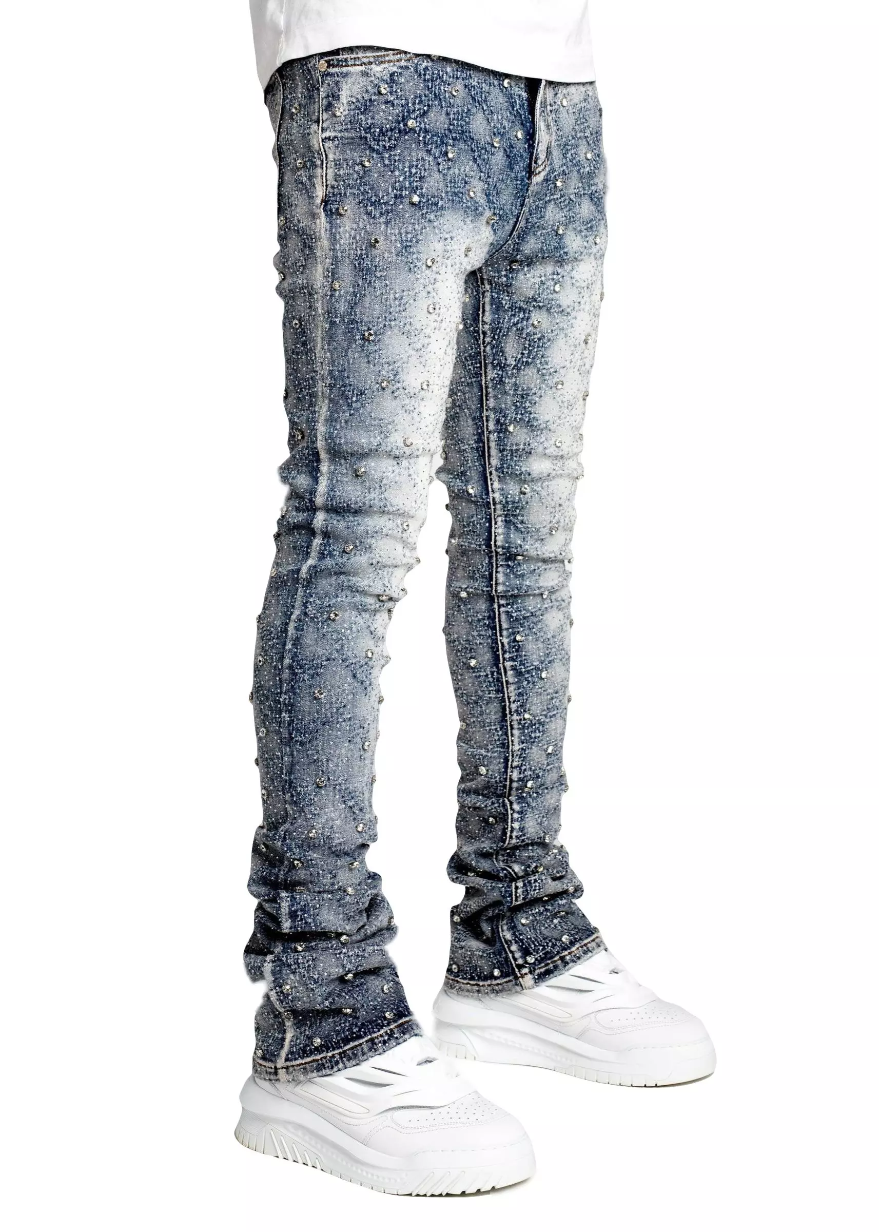 Guapi Men's Aqua Blue Embellished Stacked Denim Jeans - BLUE