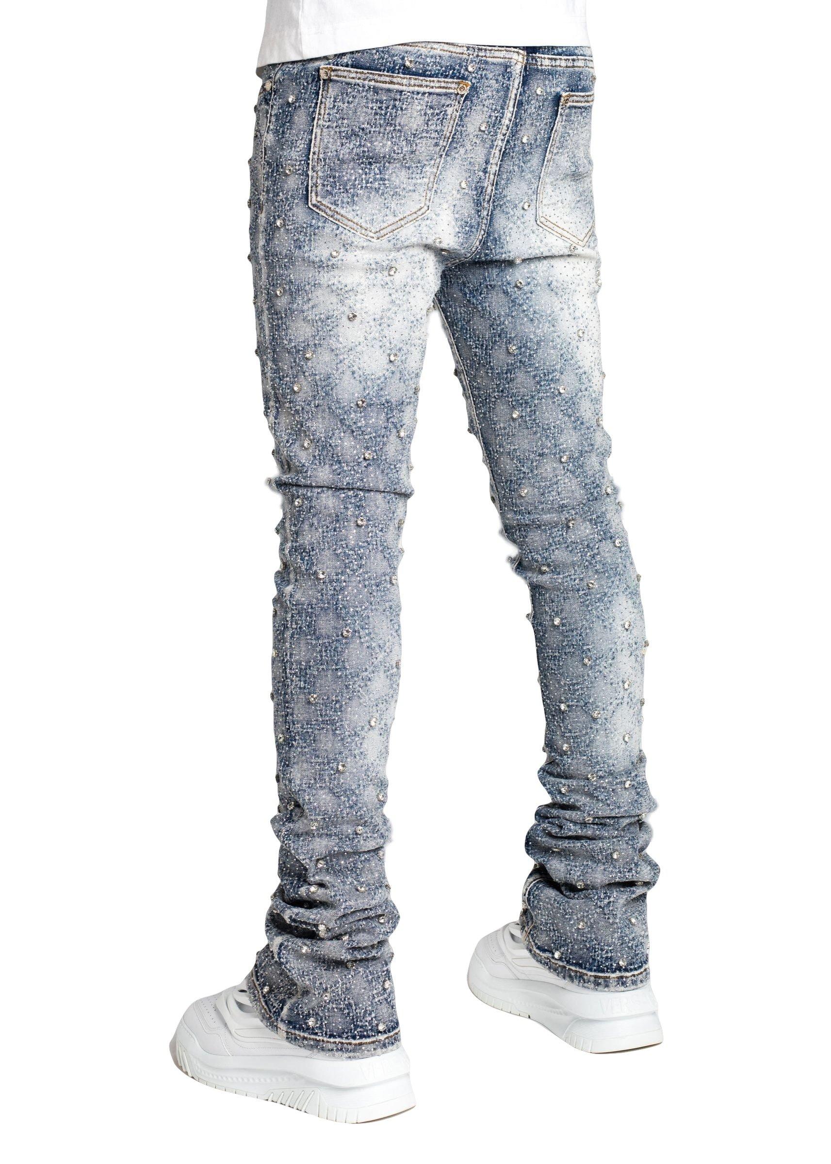 Guapi Men's Aqua Blue Embellished Stacked Denim Jeans