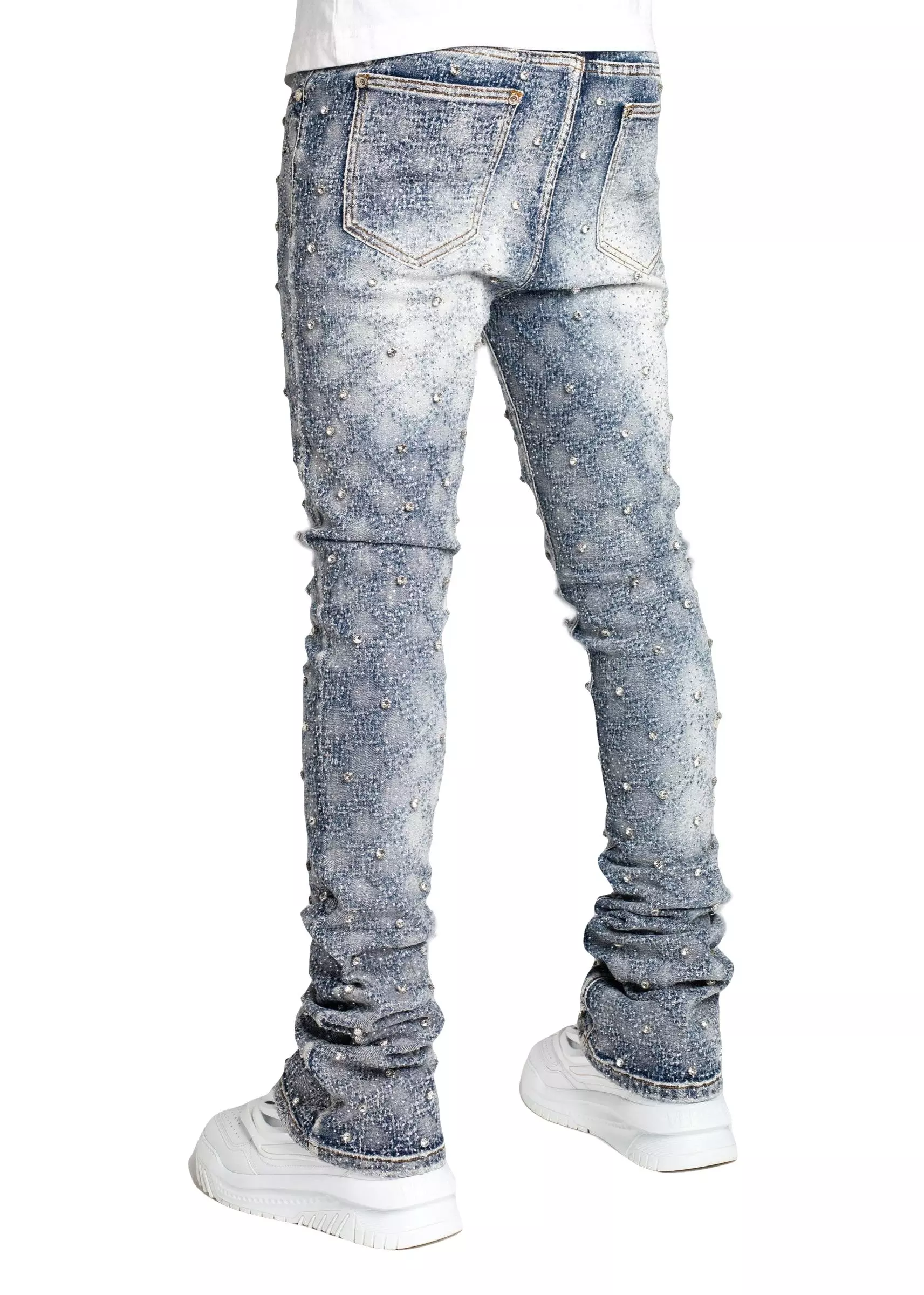 Guapi Men's Aqua Blue Embellished Stacked Denim Jeans - BLUE