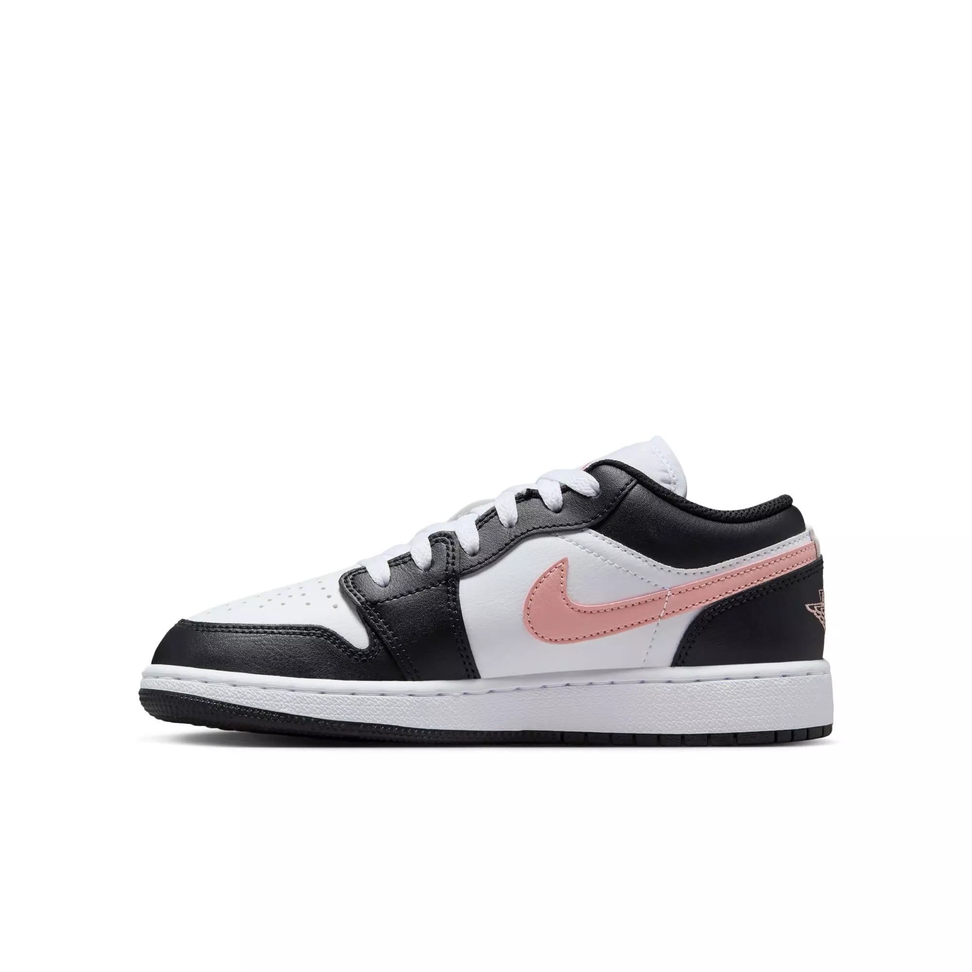 Jordan 1 Low "White/Rust Pink/Black" Grade School Boys' Shoe - BLACK/PINK