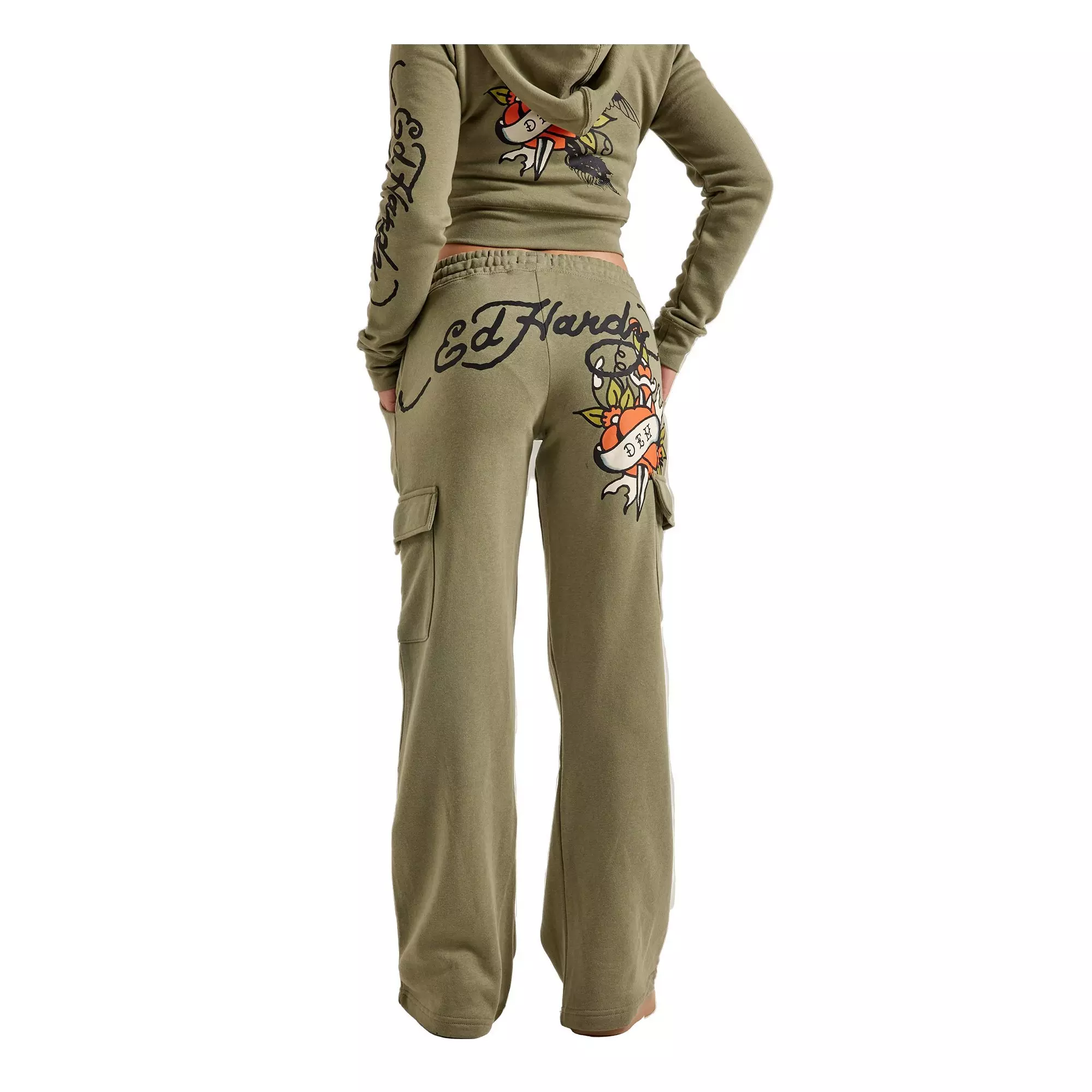 Ed Hardy Women's Dragon Dagger Fleece Cargo Pants - OLIVE