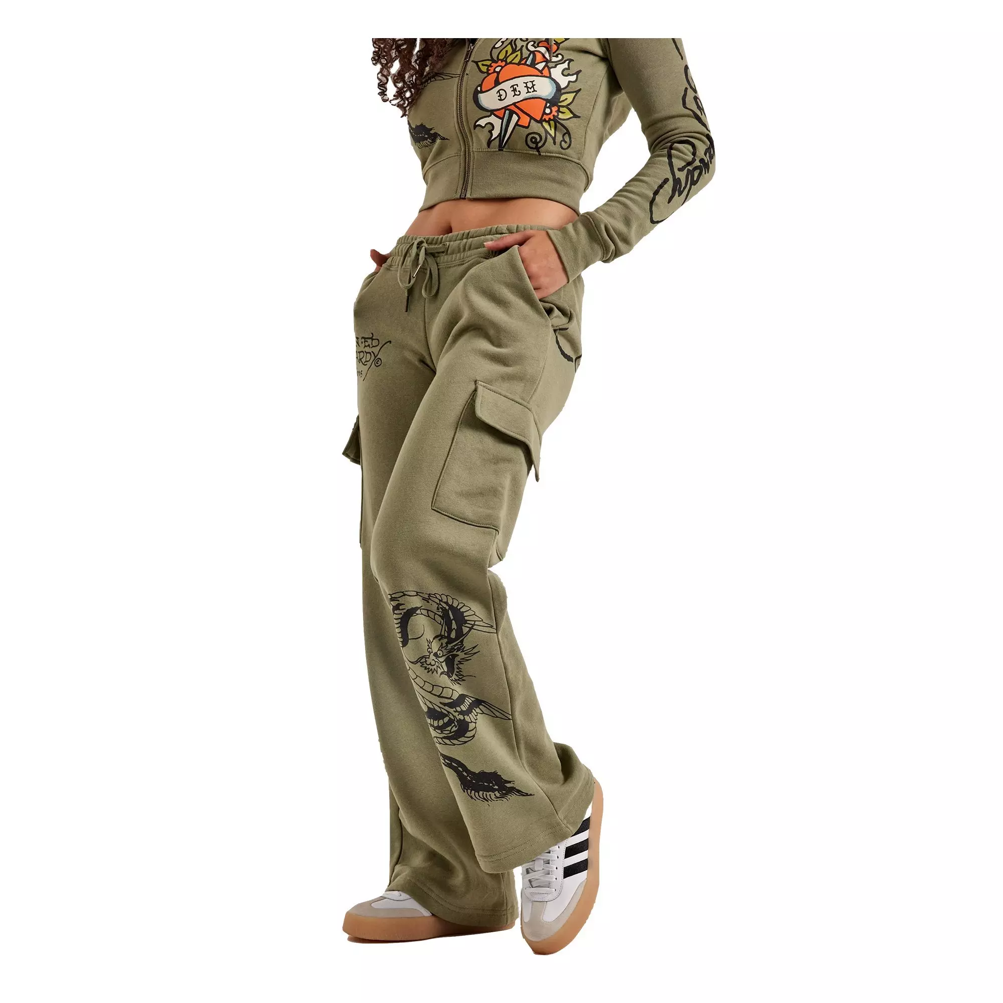 Ed Hardy Women's Dragon Dagger Fleece Cargo Pants - OLIVE
