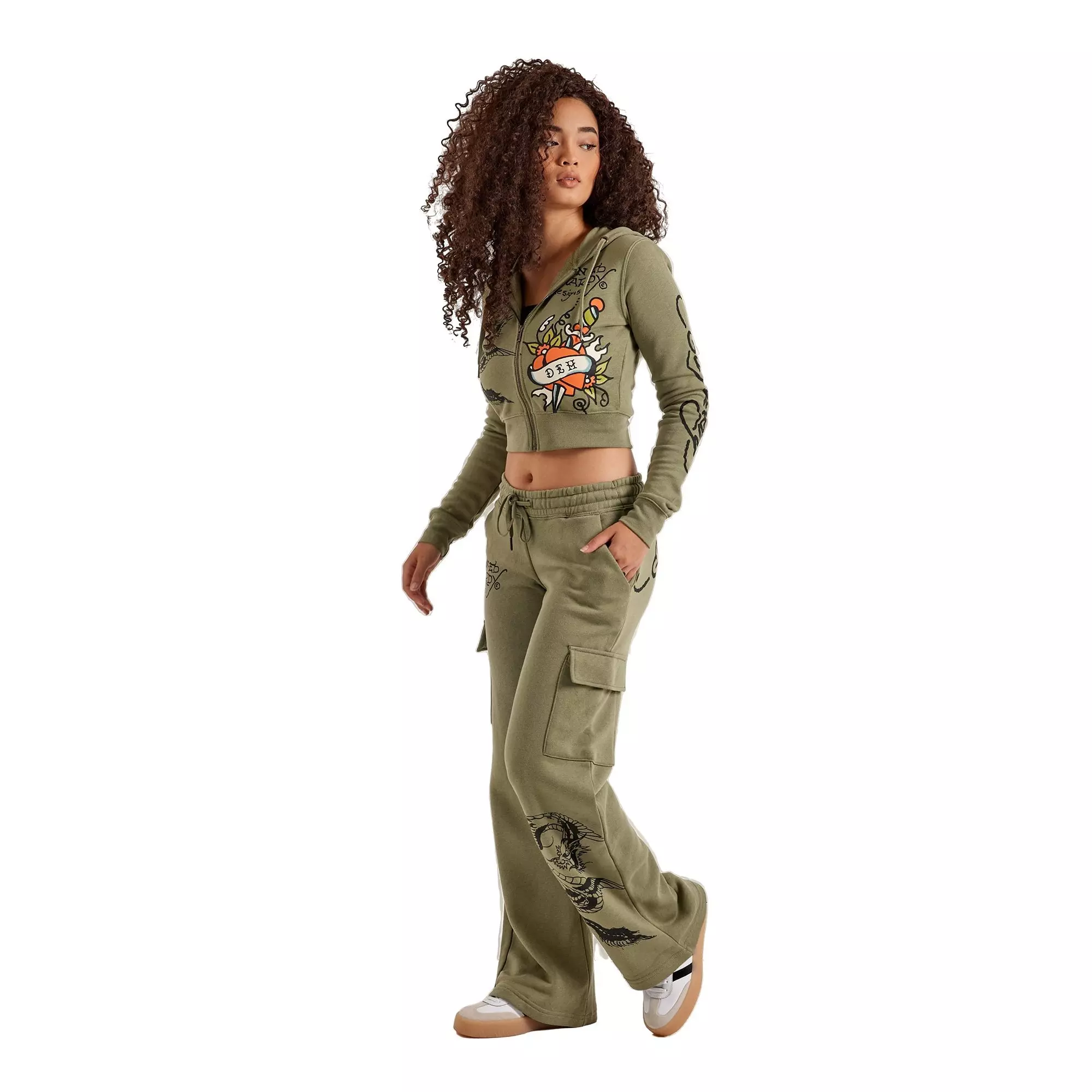 Ed Hardy Women's Dragon Dagger Fleece Cargo Pants - OLIVE