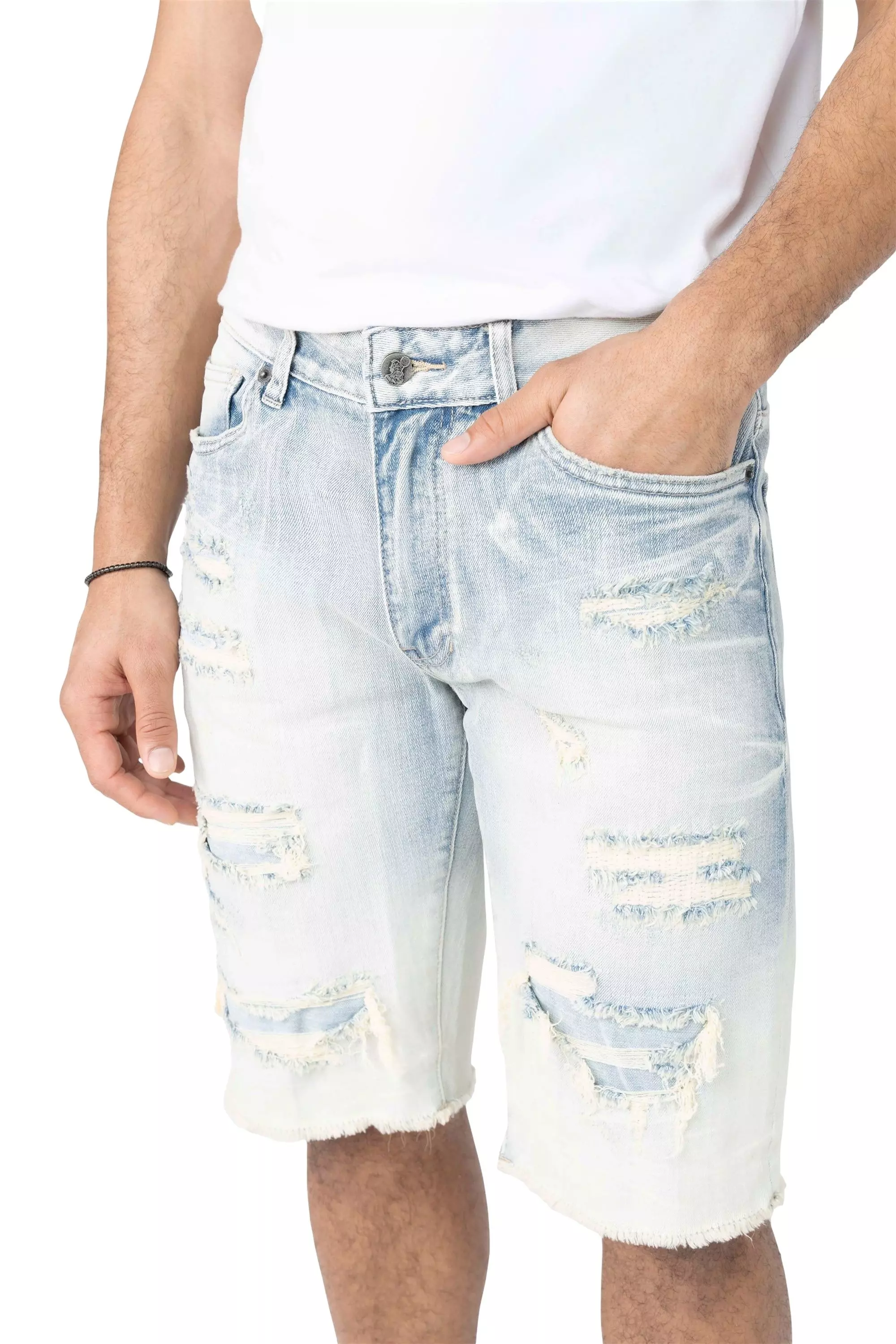 Grindhouse Men's Ombre Blue Distressed Shorts - BLUE