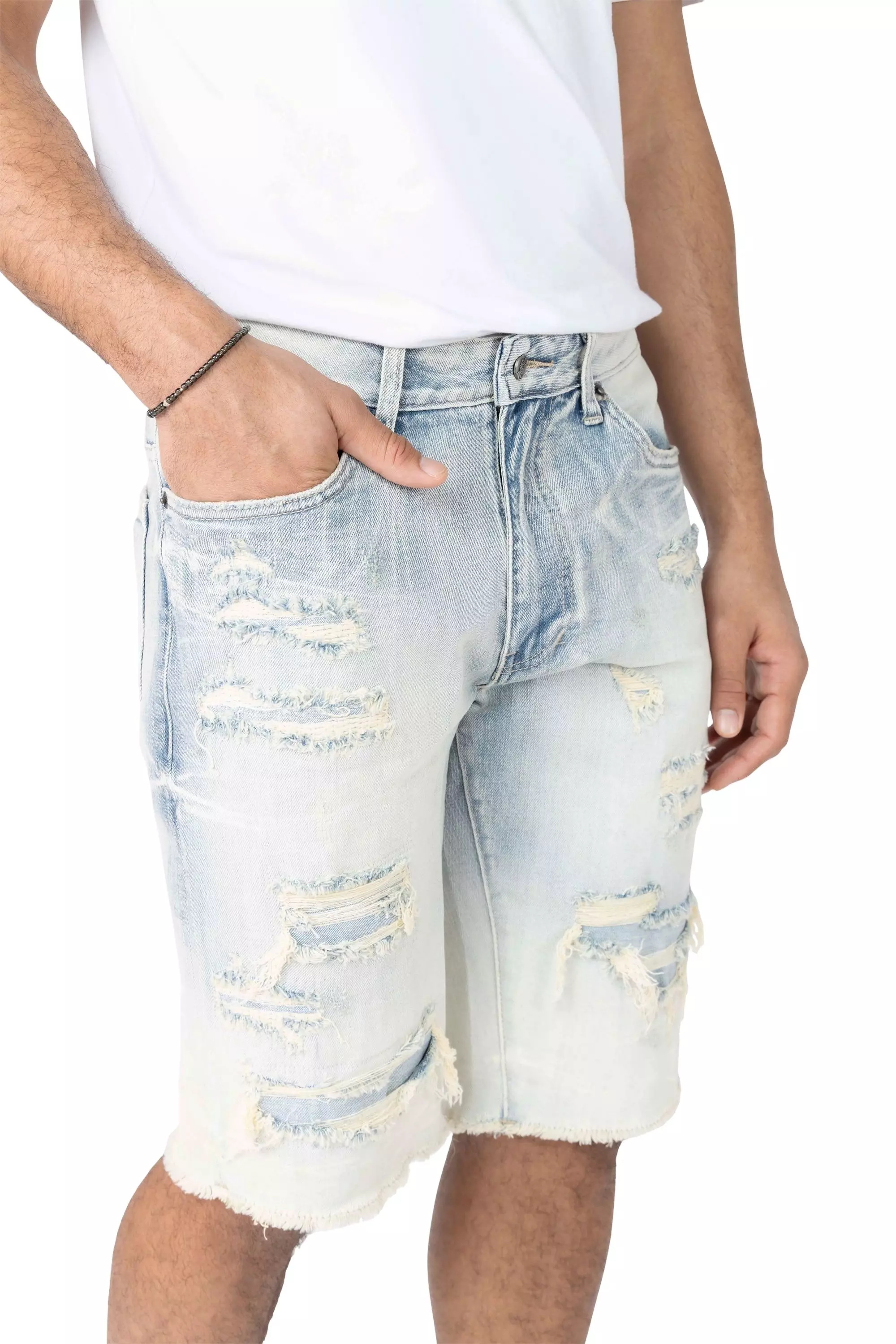 Grindhouse Men's Ombre Blue Distressed Shorts - BLUE
