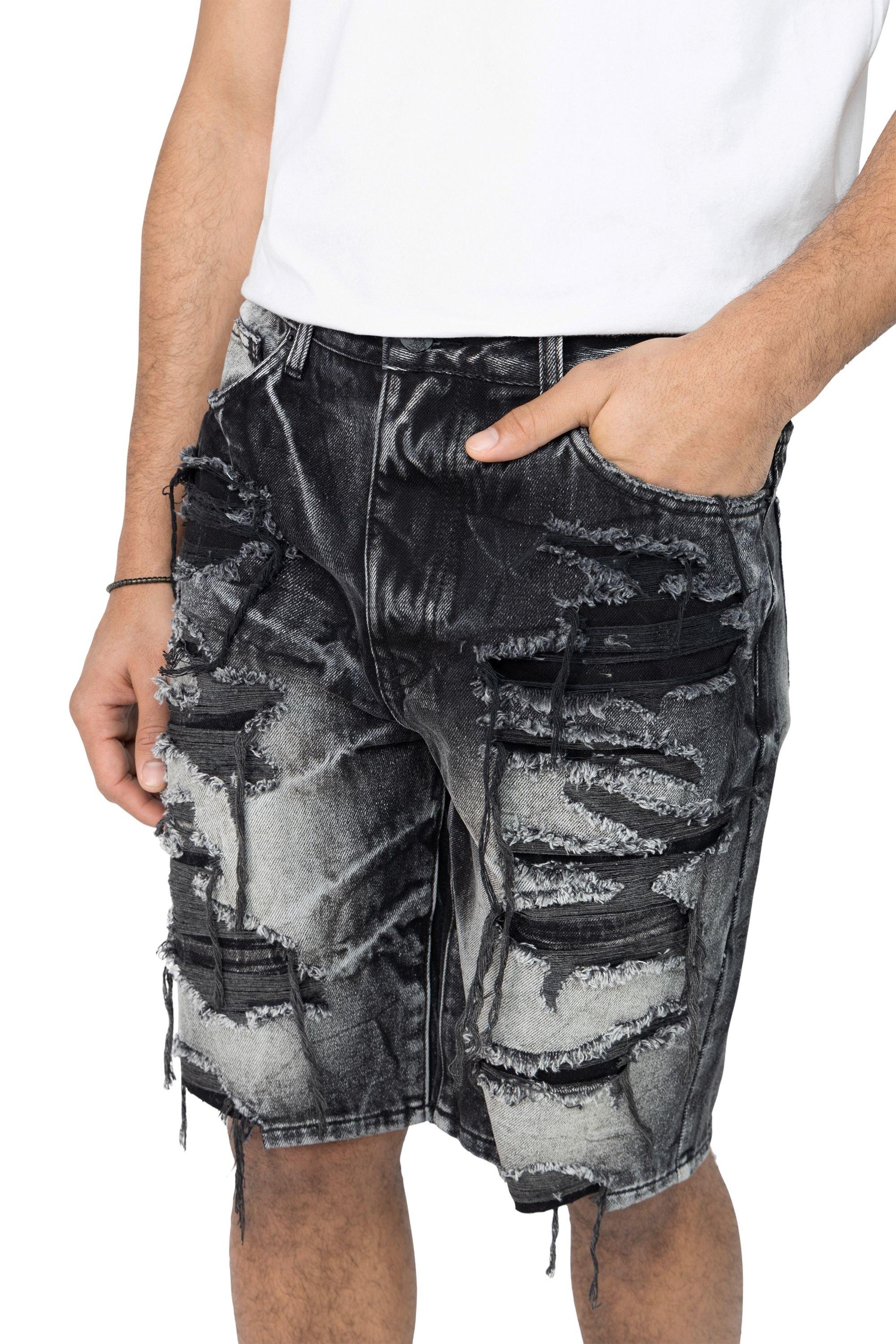 Grindhouse Men's Sable Black Extreme Rip Denim Shorts - BLACK