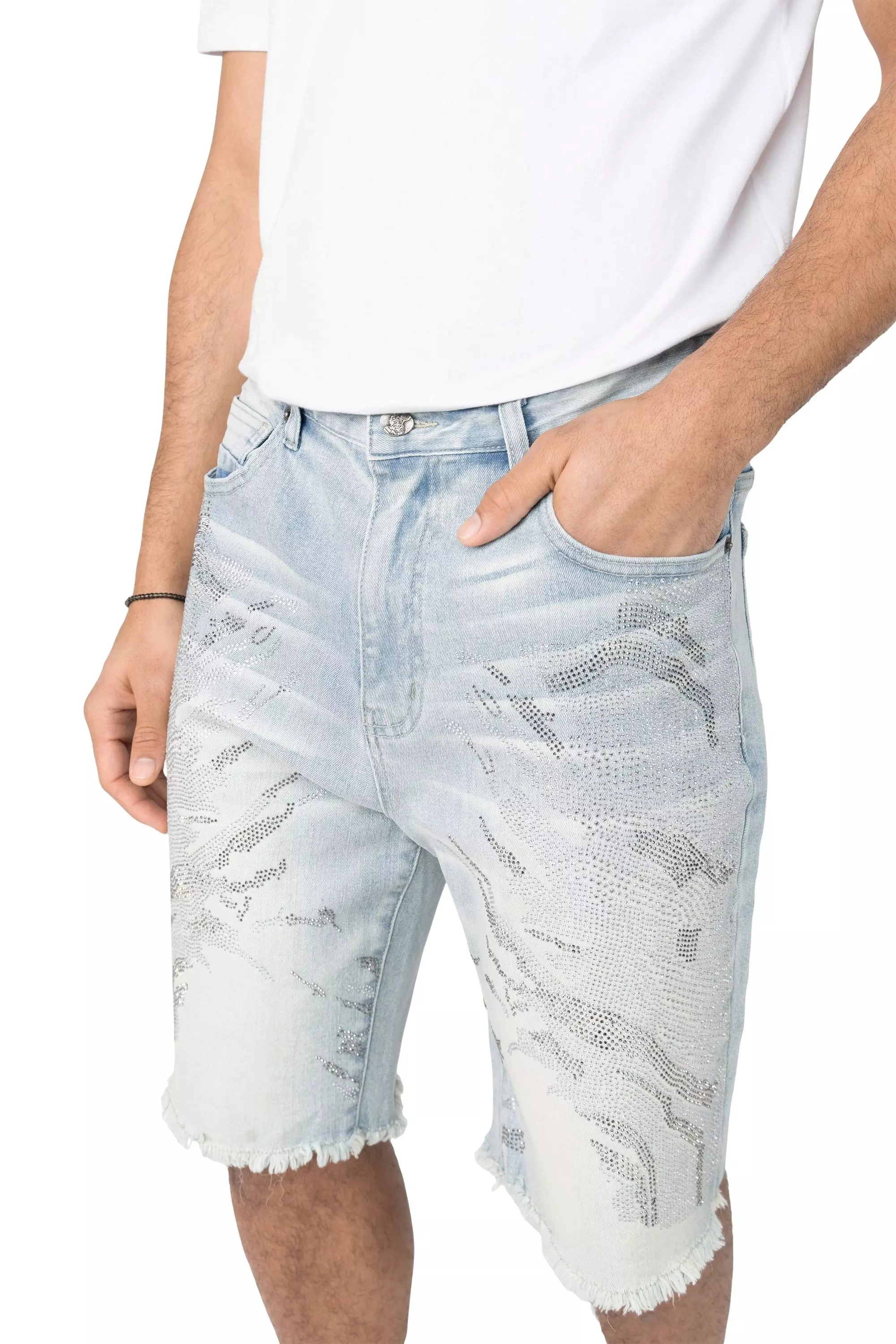 Grindhouse Men's Lucent Blue Rhinestone Denim Shorts - BLUE