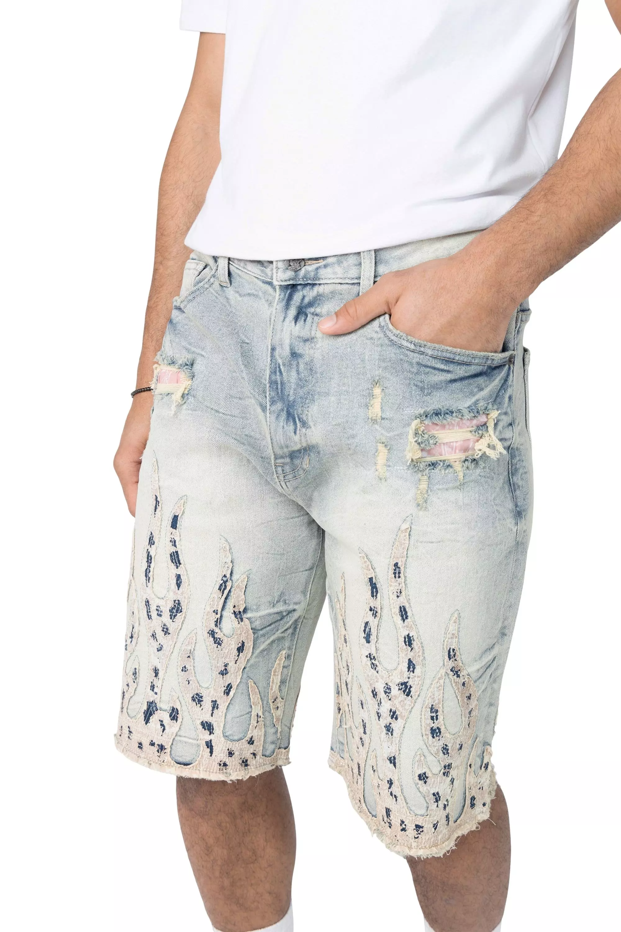 Grindhouse Men's Mechanical Blue Fray Flame Shorts - BLUE