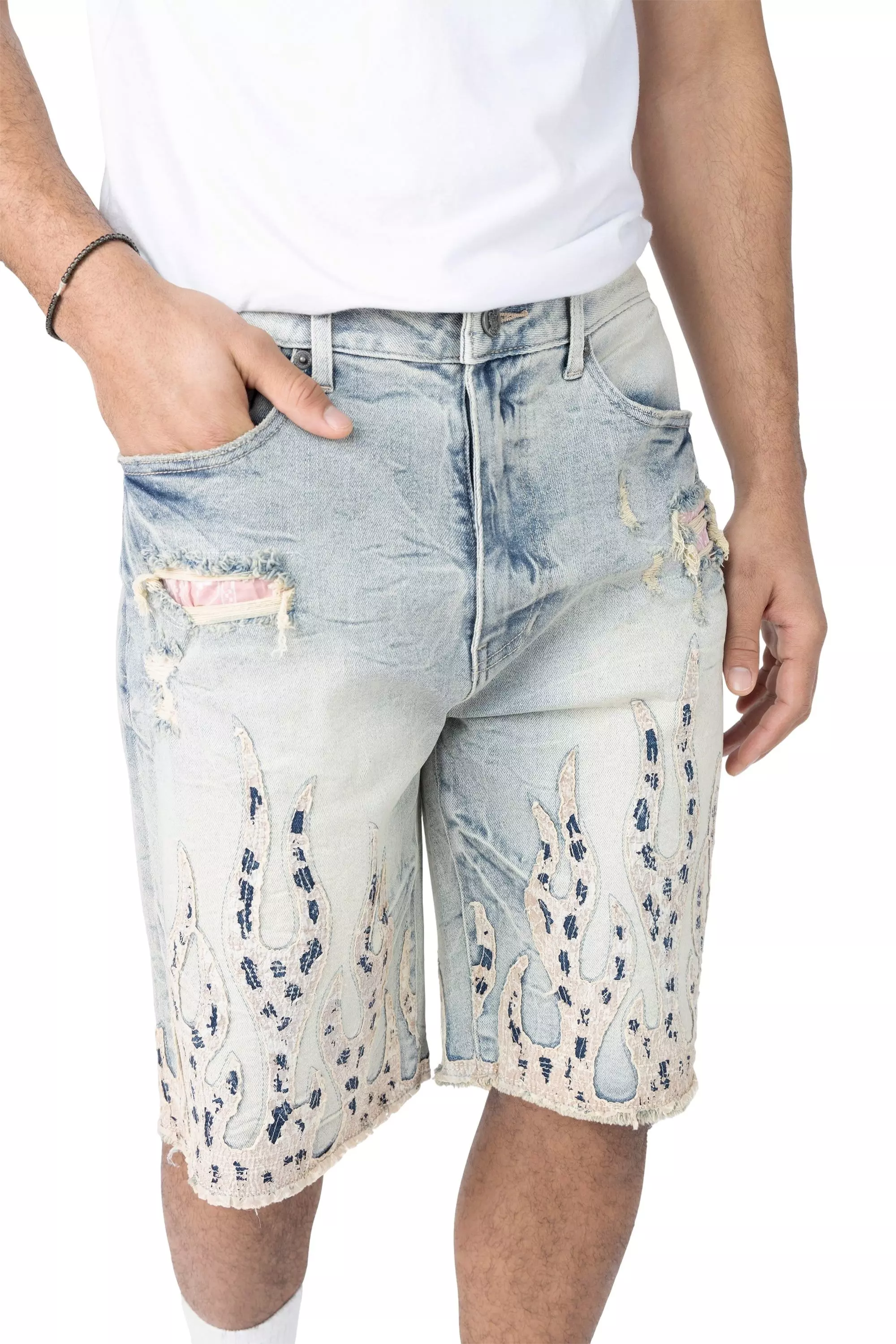 Grindhouse Men's Mechanical Blue Fray Flame Shorts - BLUE