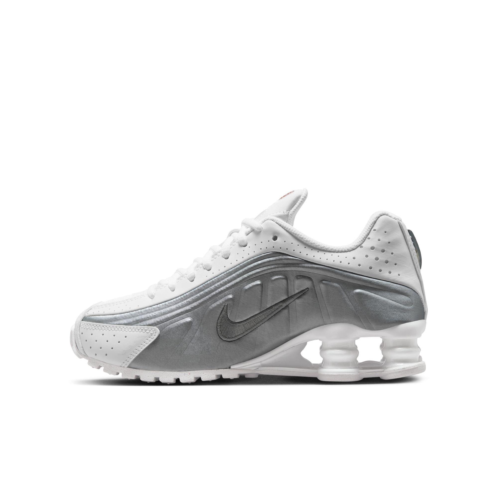 Nike Shox R4 Grade School Boys' "White/Metallic Silver" Shoe​
