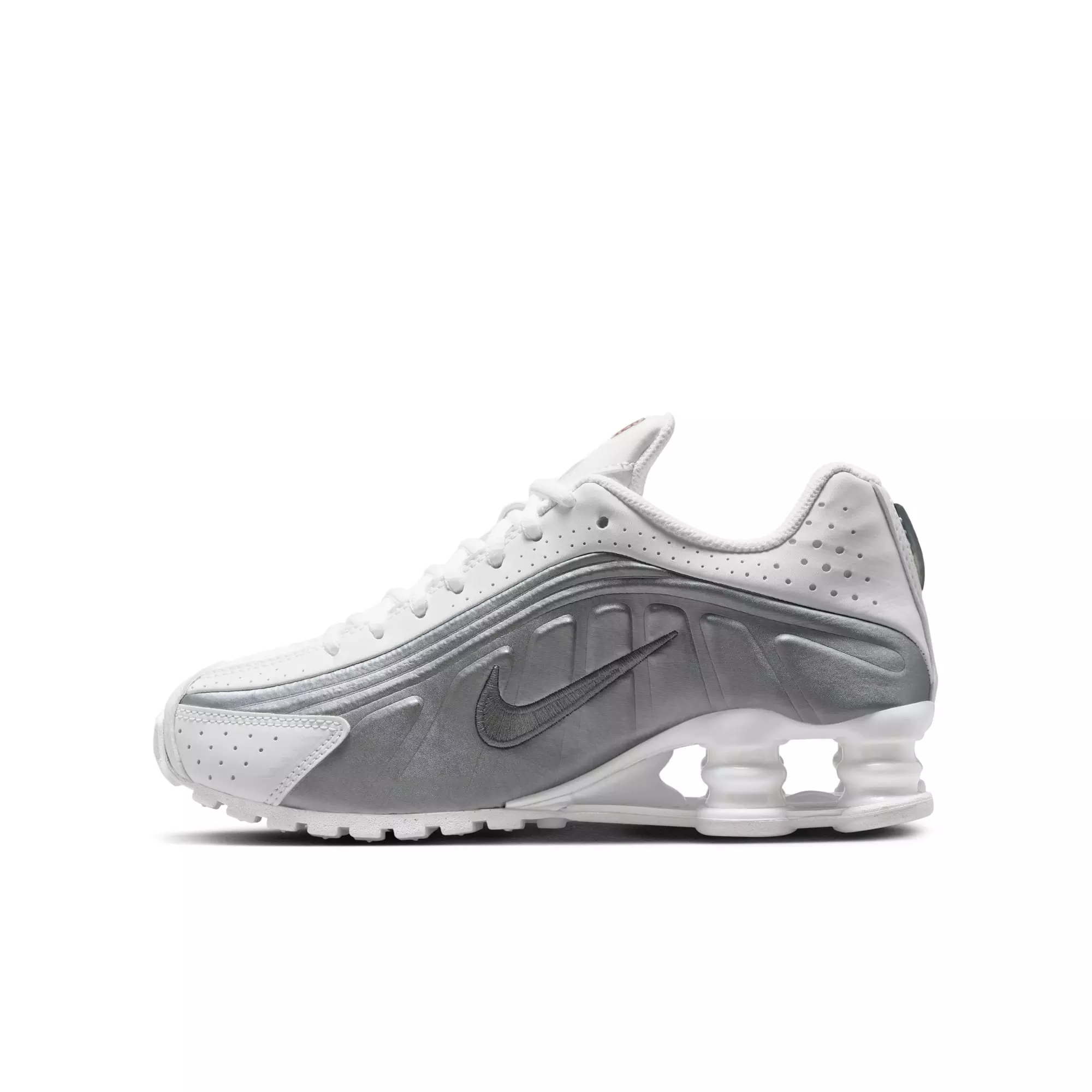 Nike Shox R4 "White/Metallic Silver" Grade School Boys' Shoe​ - WHITE/GREY
