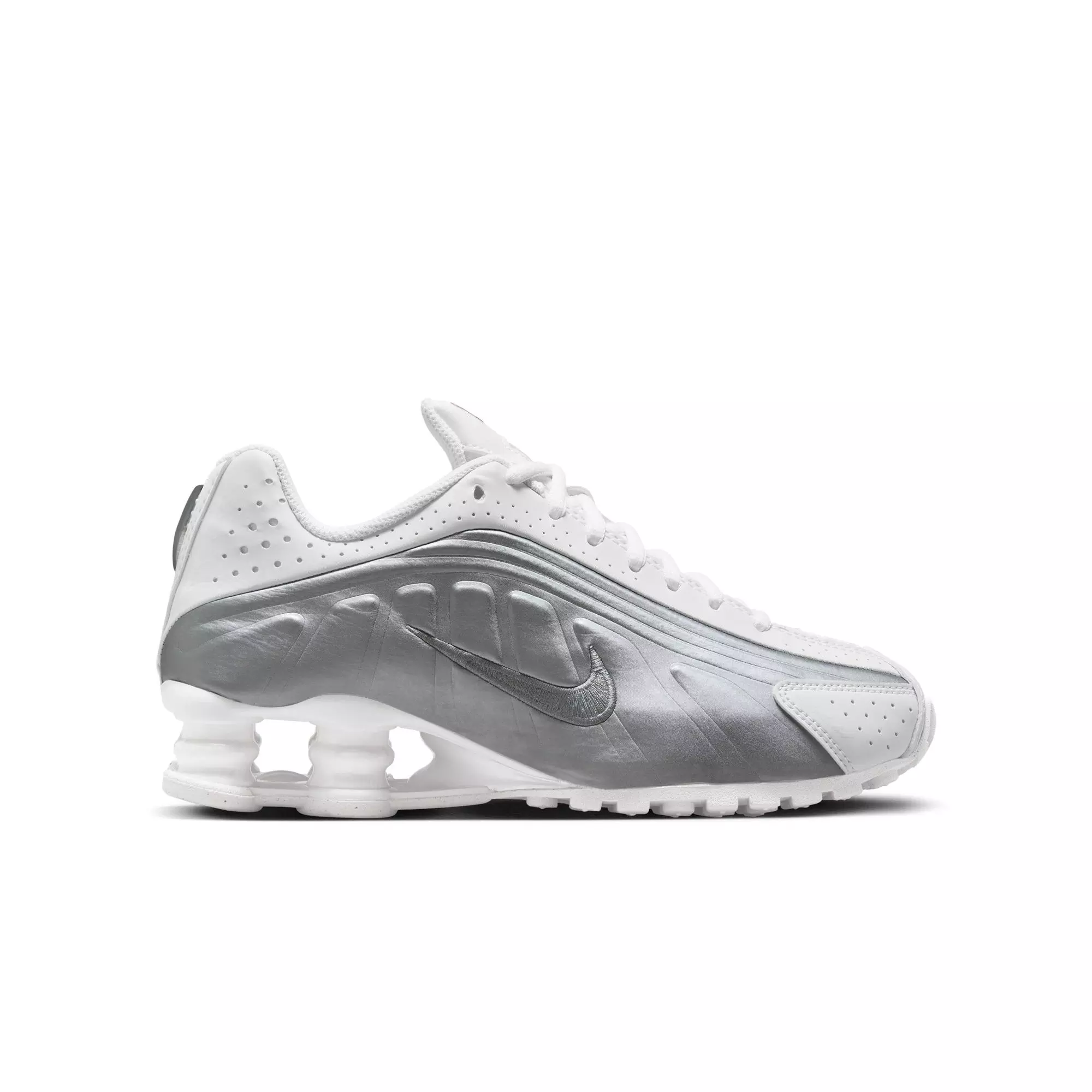 Nike Shox R4 "White/Metallic Silver" Grade School Boys' Shoe​ - WHITE/GREY