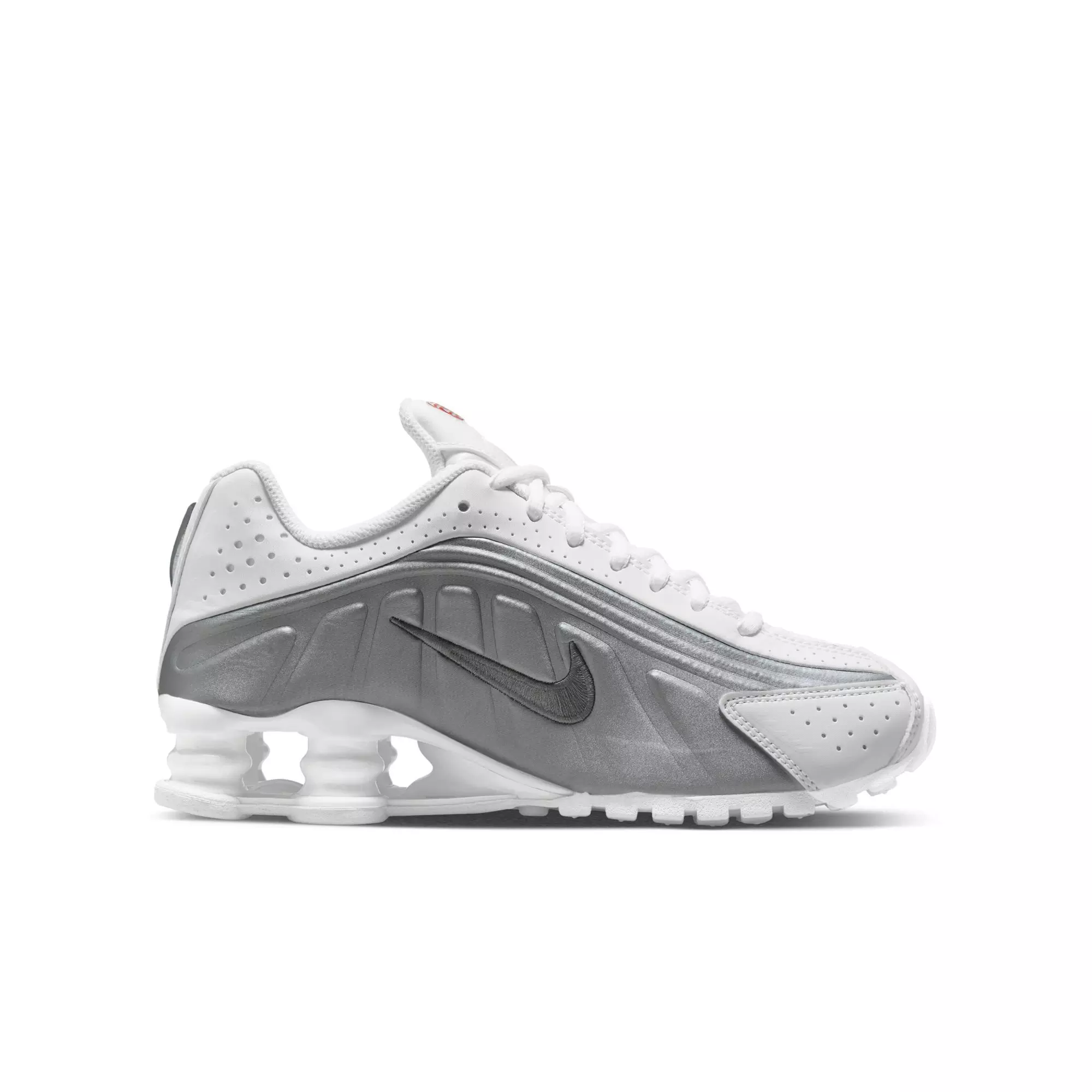 Nike Shox R4 "White/Metallic Silver" Grade School Boys' Shoe​ - WHITE/GREY