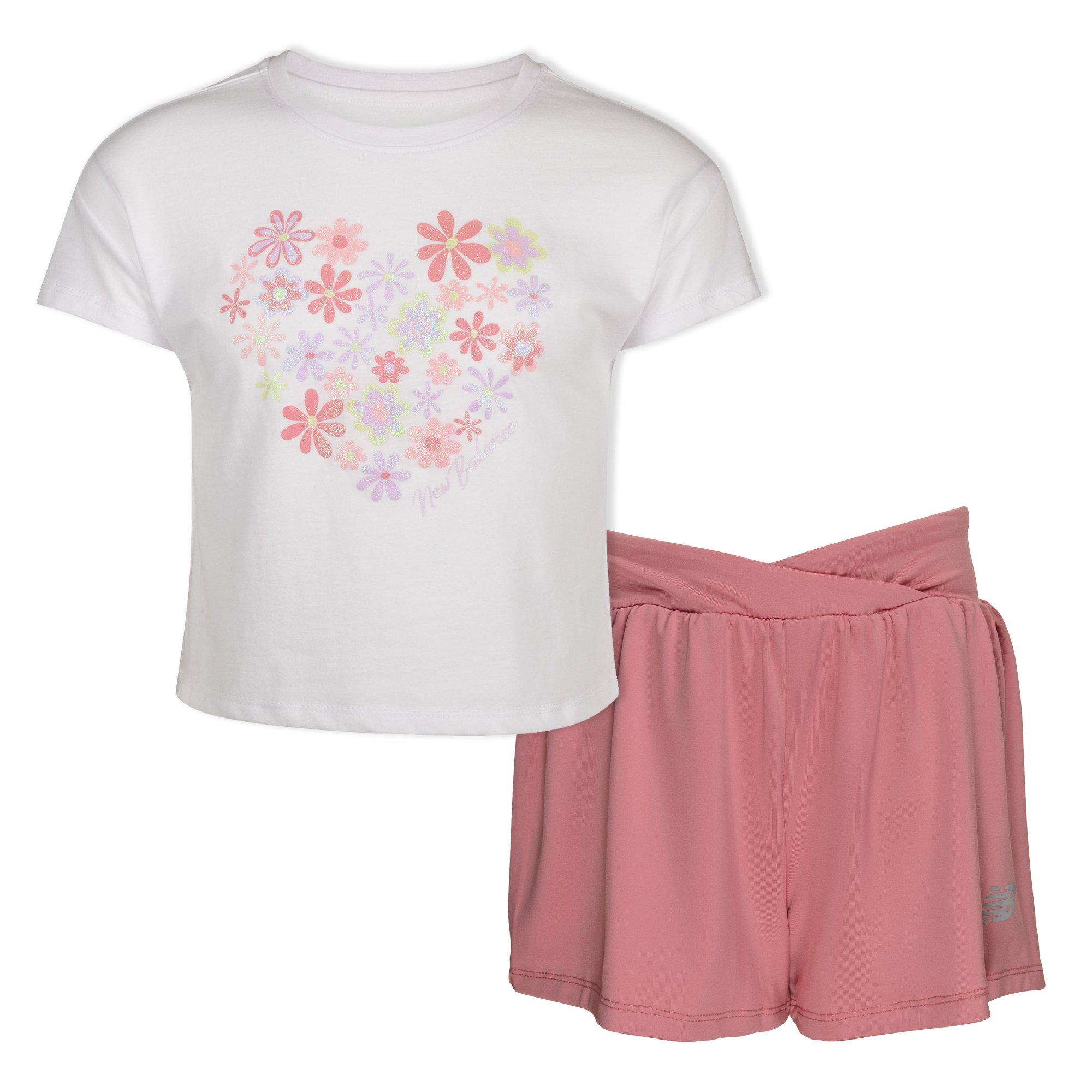 New Balance Little Girls' 2-Piece Rib Tee & Short Set - WHITE/PINK