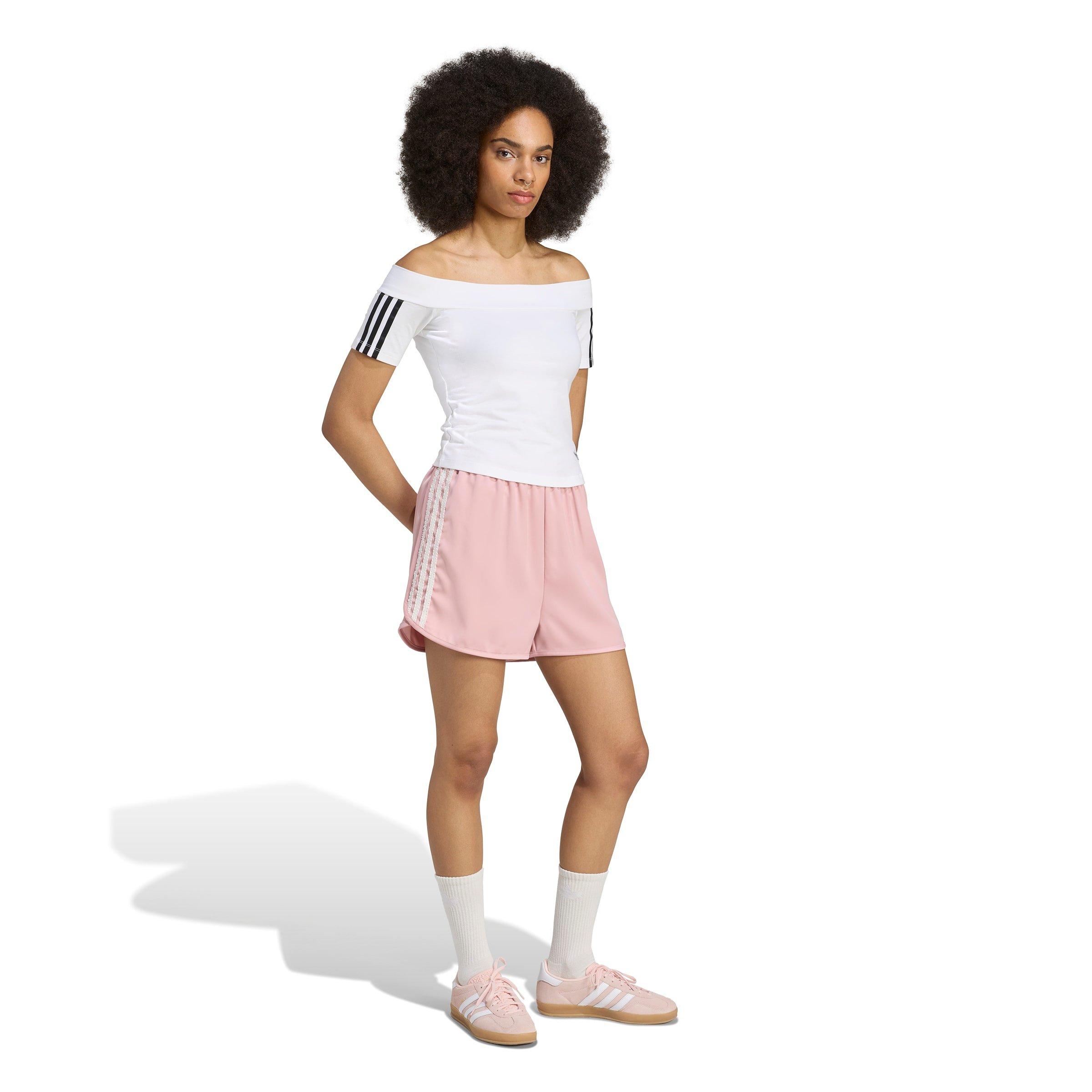 adidas Originals Women's Satin Ruffle 3-Stripes Shorts - PINK Thumbnail View 5