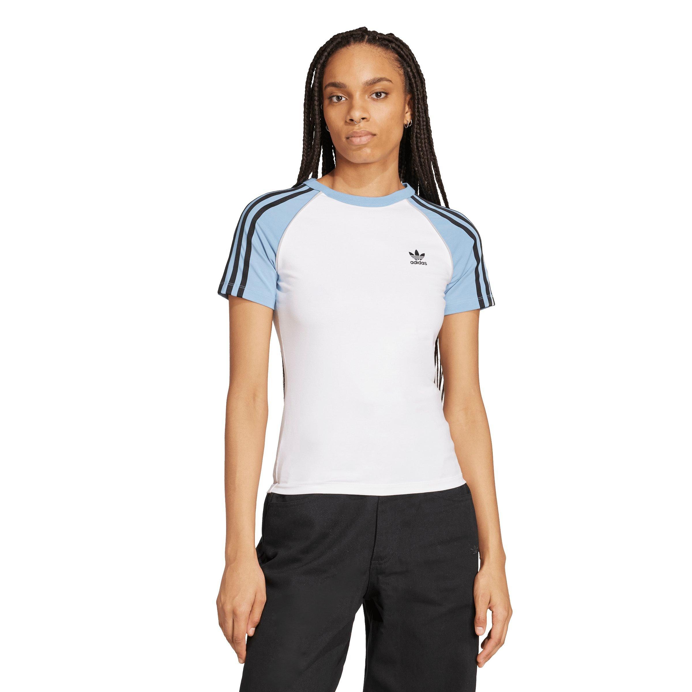 adidas Originals Women's Adicolor 3-Stripes Raglan Slim Tee - WHITE/BLUE Thumbnail View 1