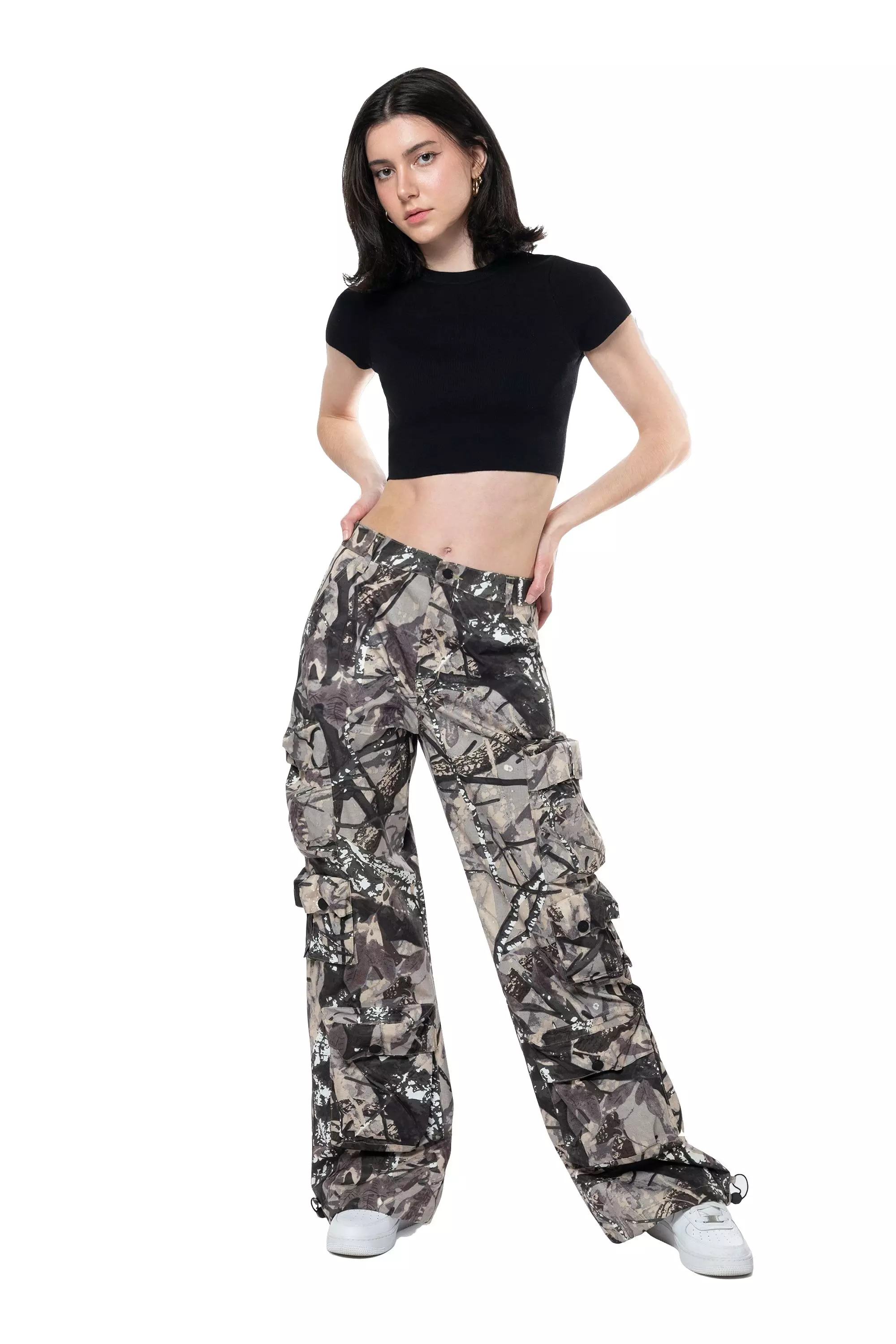 Smoke Rise Women's Wide Leg ATS Woven Pants - Wood Camo - CAMO/BLACK
