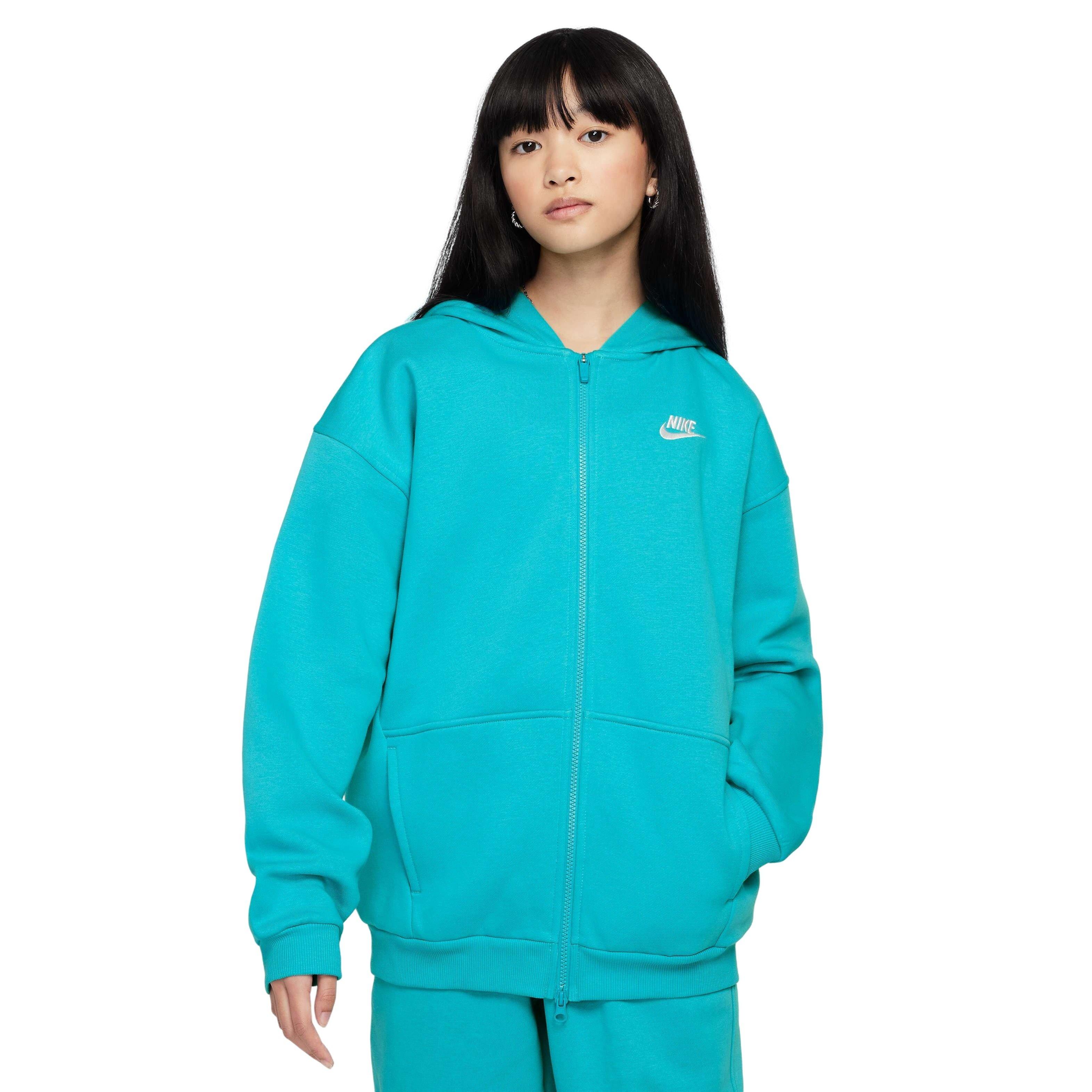 Nike Big Girls' Sportswear Club Fleece Oversized Full-Zip Jacket -Turquoise - TURQUOISE 