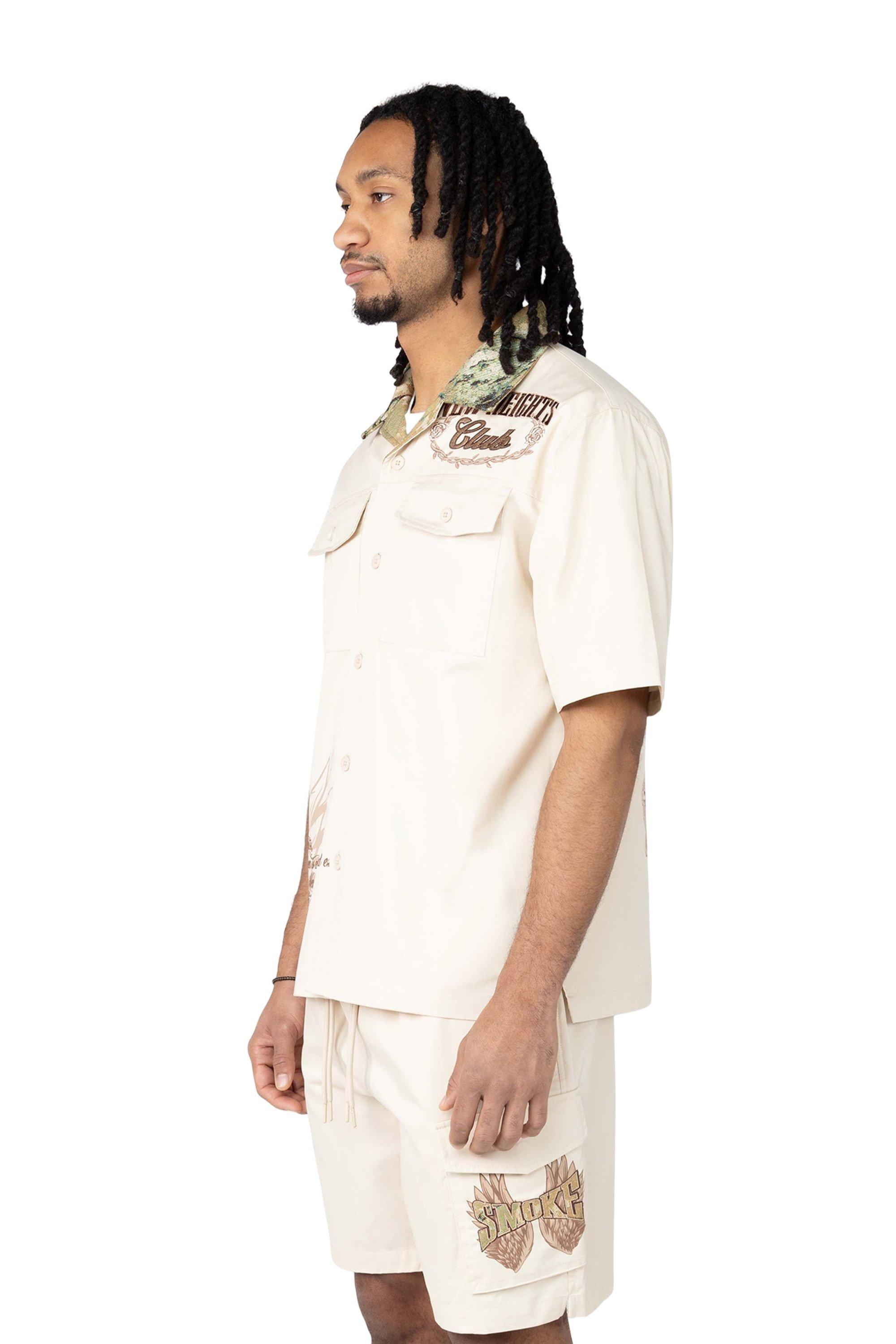 Smoke Rise Men's Boxy Tapestry Camo Shirt - Ecru - CREAM Thumbnail View 3