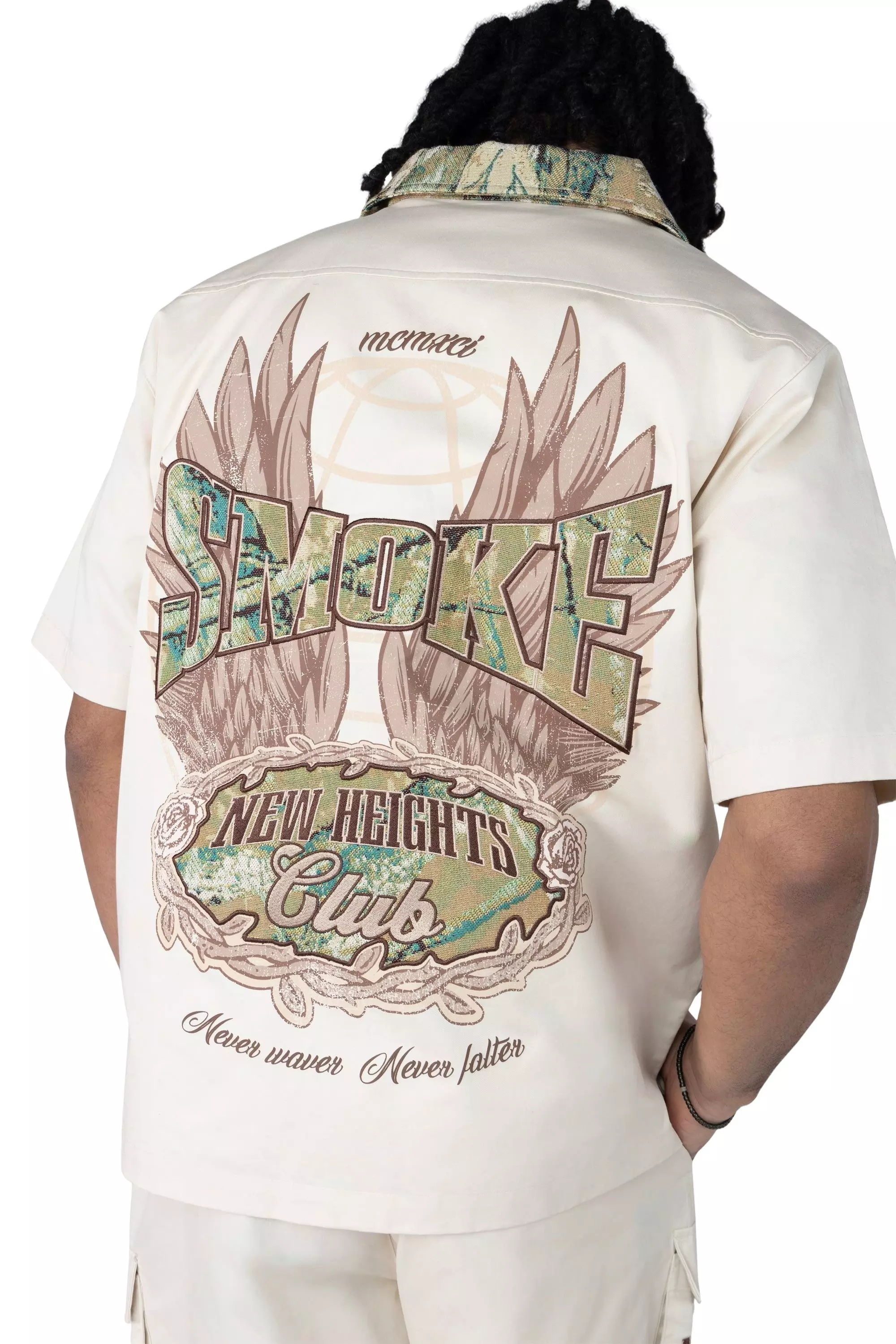 Smoke Rise Men's Boxy Tapestry Camo Shirt - Ecru - CREAM