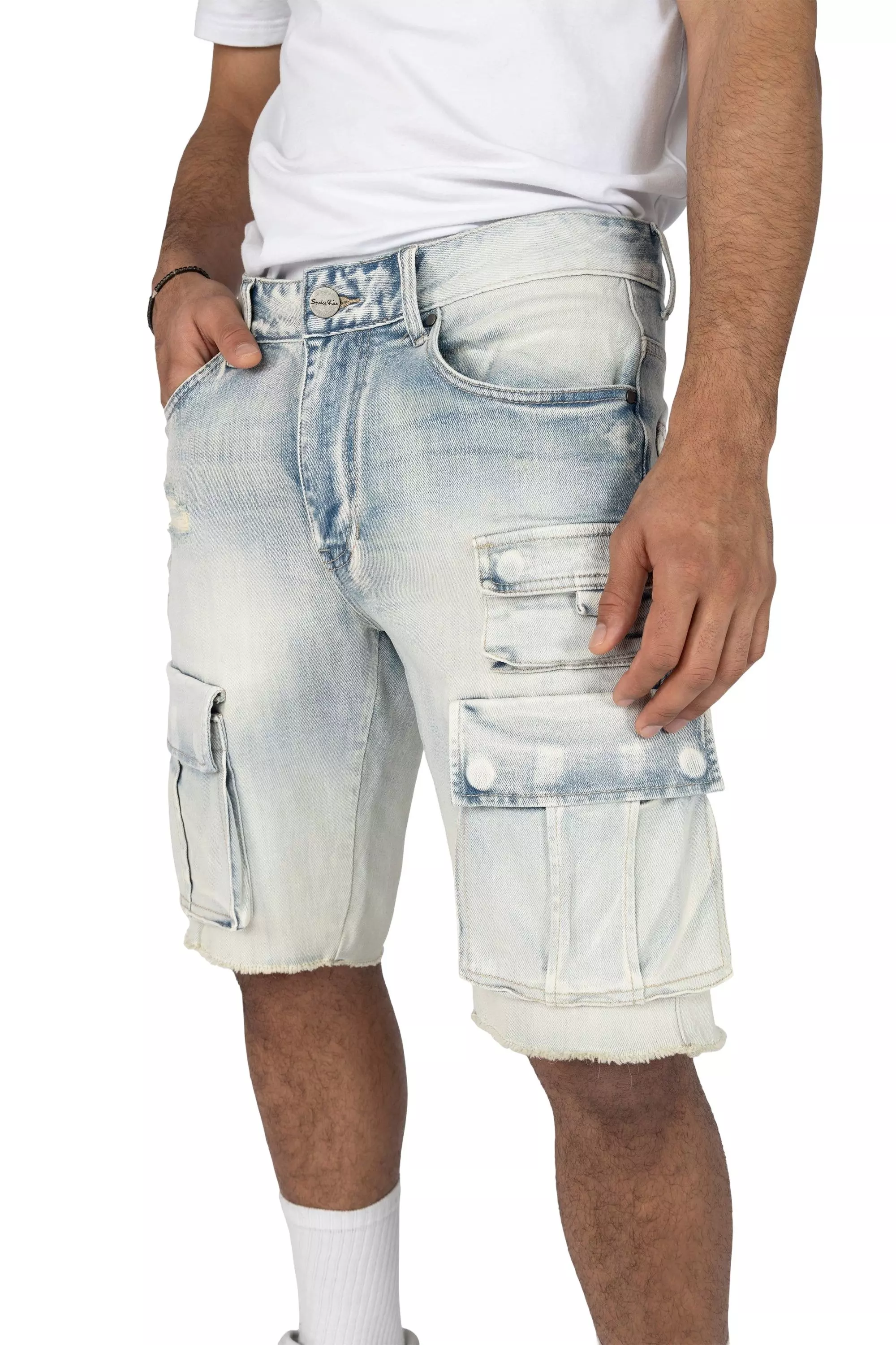 Smoke Rise Men's Ombre Blue Cargo Denim Shorts - BLUE