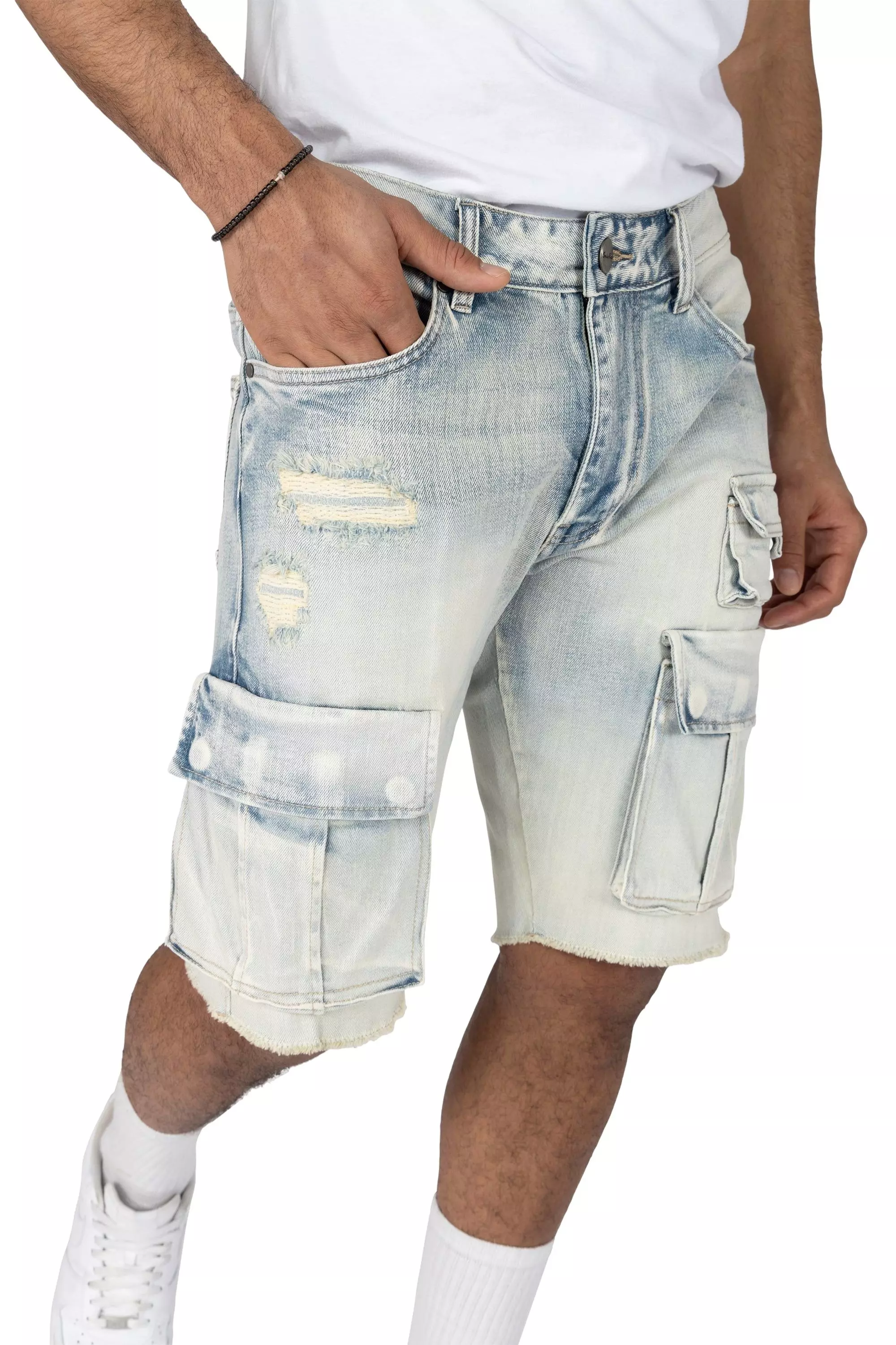 Smoke Rise Men's Ombre Blue Cargo Denim Shorts - BLUE