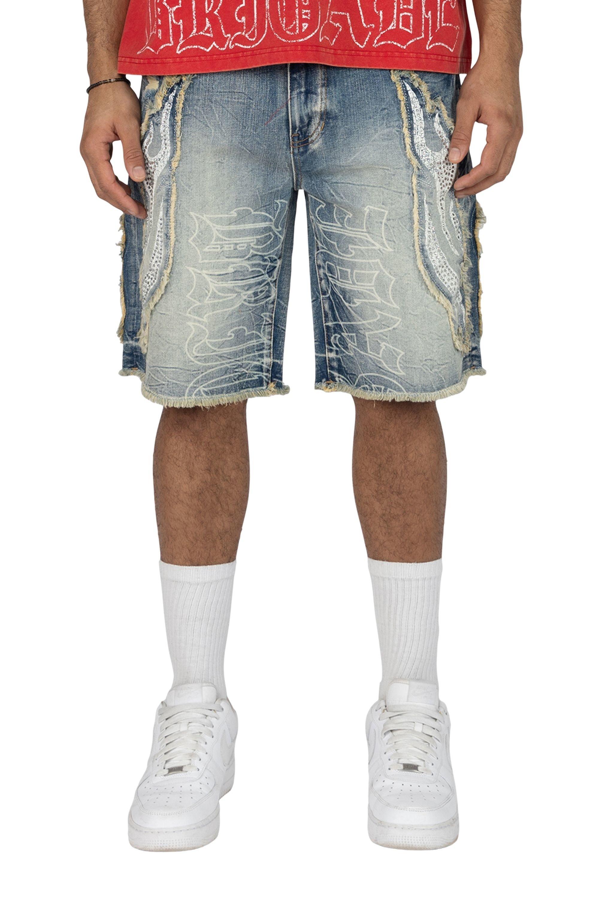Smoke Rise Men's Comfort Fray Patched Denim Shorts - Rhodes Blue - BLUE Thumbnail View 1