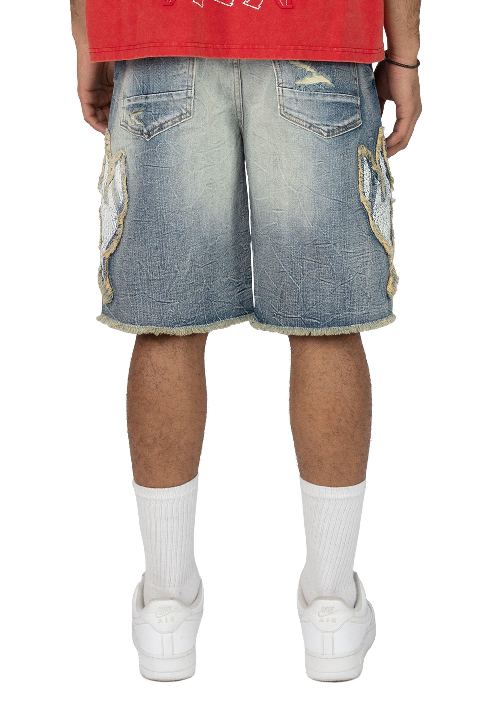 Smoke Rise Men's Comfort Fray Patched Denim Shorts - Rhodes Blue - BLUE Thumbnail View 2