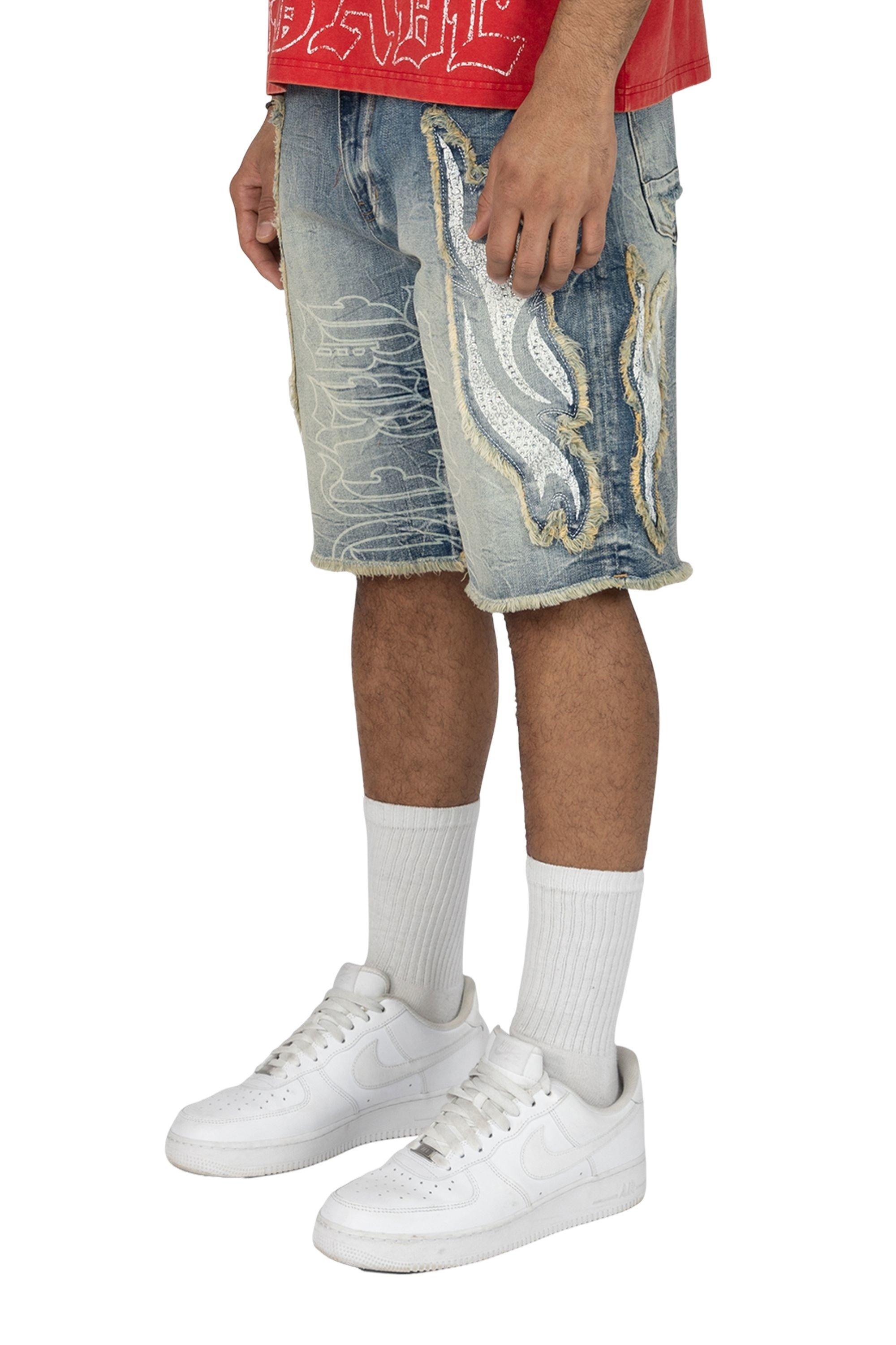 Smoke Rise Men's Comfort Fray Patched Denim Shorts - Rhodes Blue - BLUE Thumbnail View 3