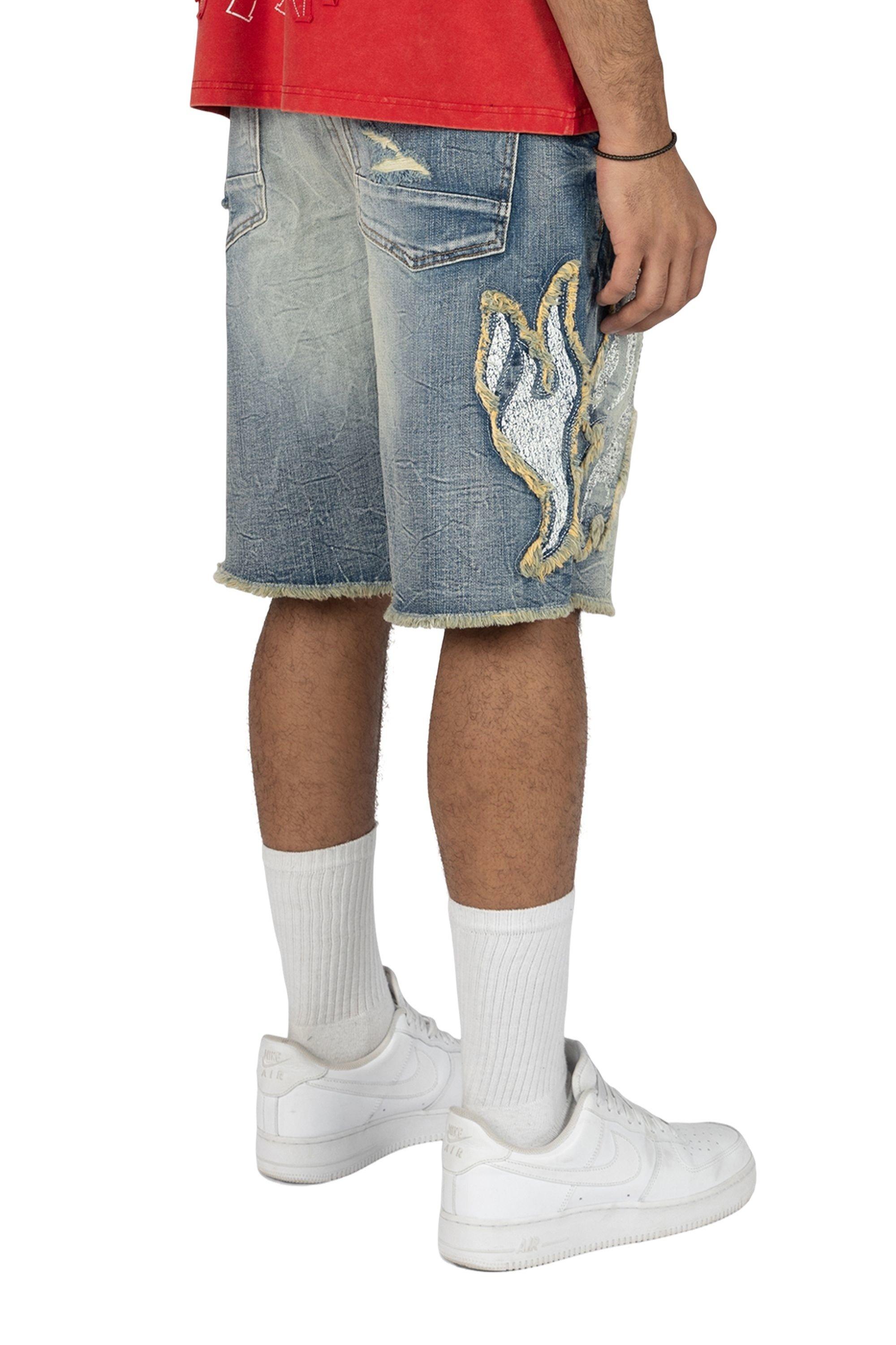 Smoke Rise Men's Comfort Fray Patched Denim Shorts - Rhodes Blue - BLUE Thumbnail View 4