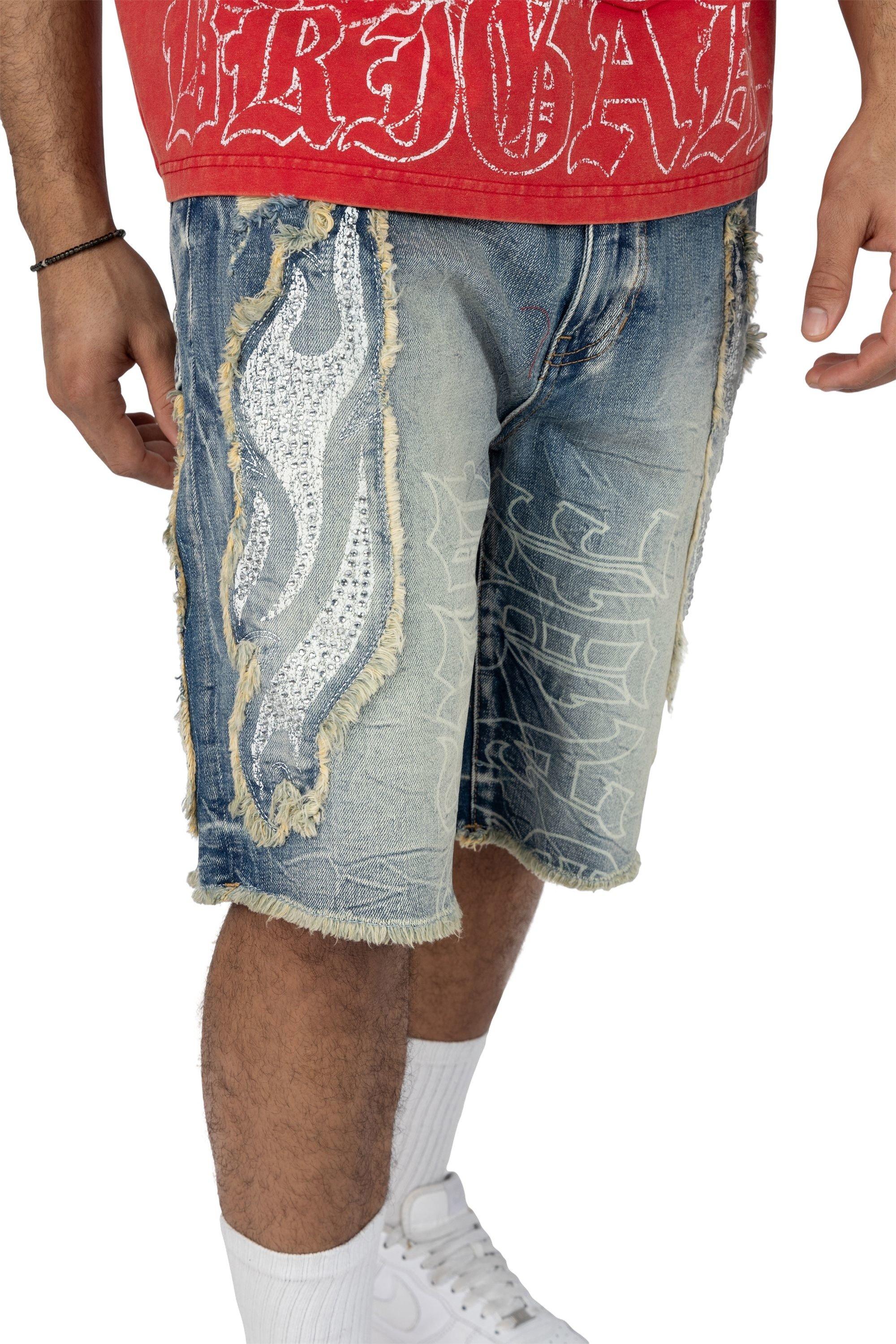 Smoke Rise Men's Comfort Fray Patched Denim Shorts - Rhodes Blue - BLUE Thumbnail View 5