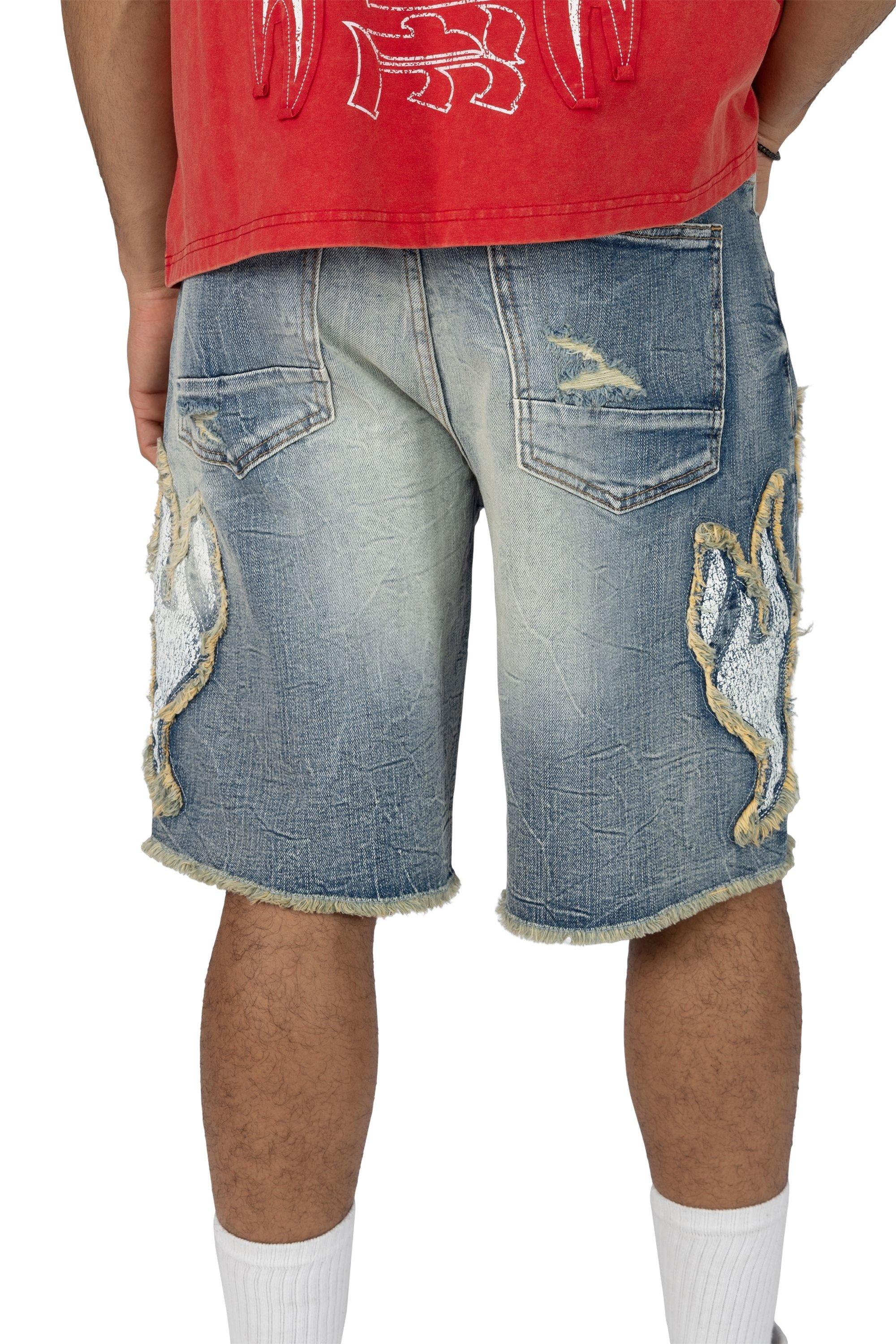 Smoke Rise Men's Comfort Fray Patched Denim Shorts - Rhodes Blue - BLUE Thumbnail View 6