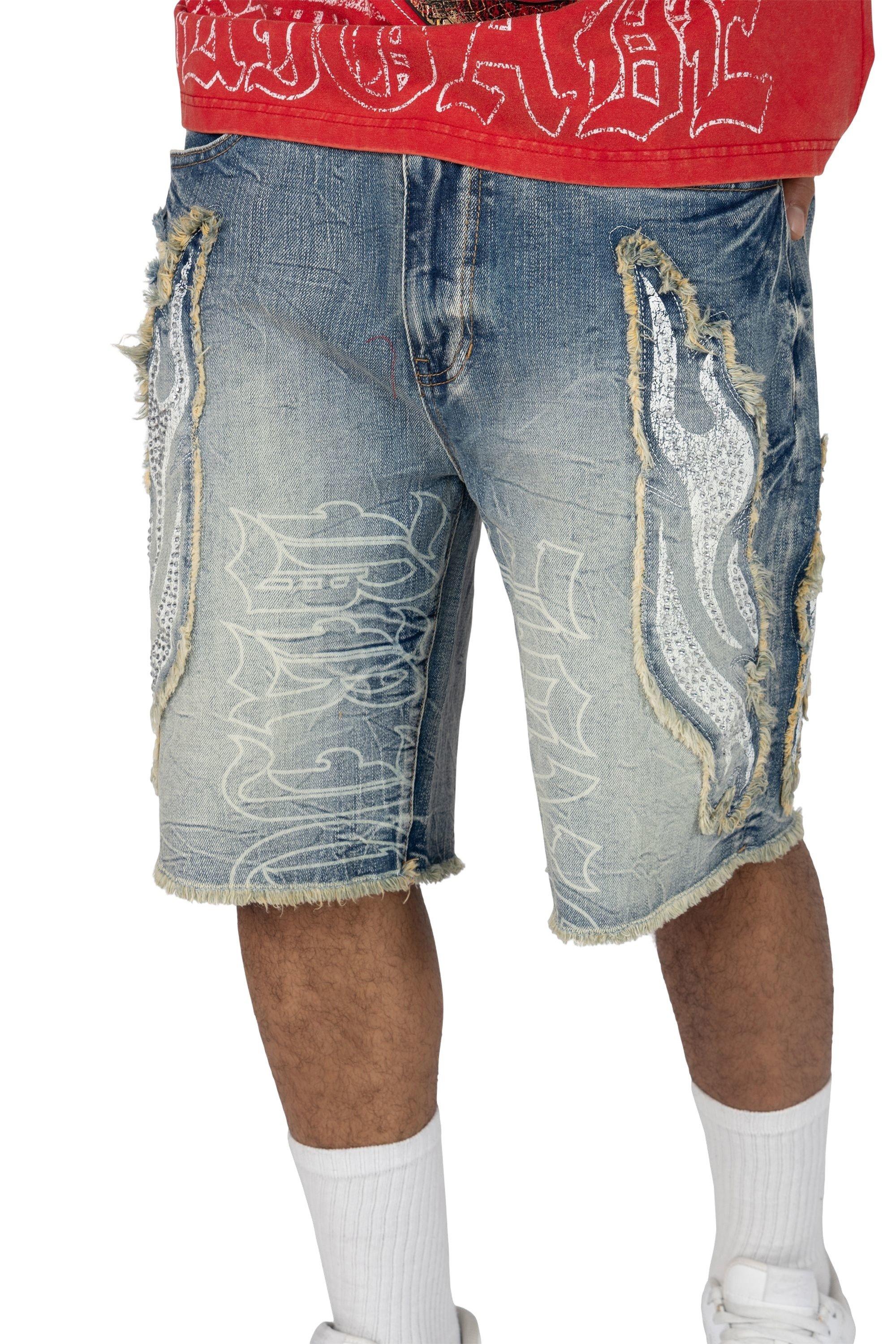 Smoke Rise Men's Comfort Fray Patched Denim Shorts - Rhodes Blue - BLUE Thumbnail View 7