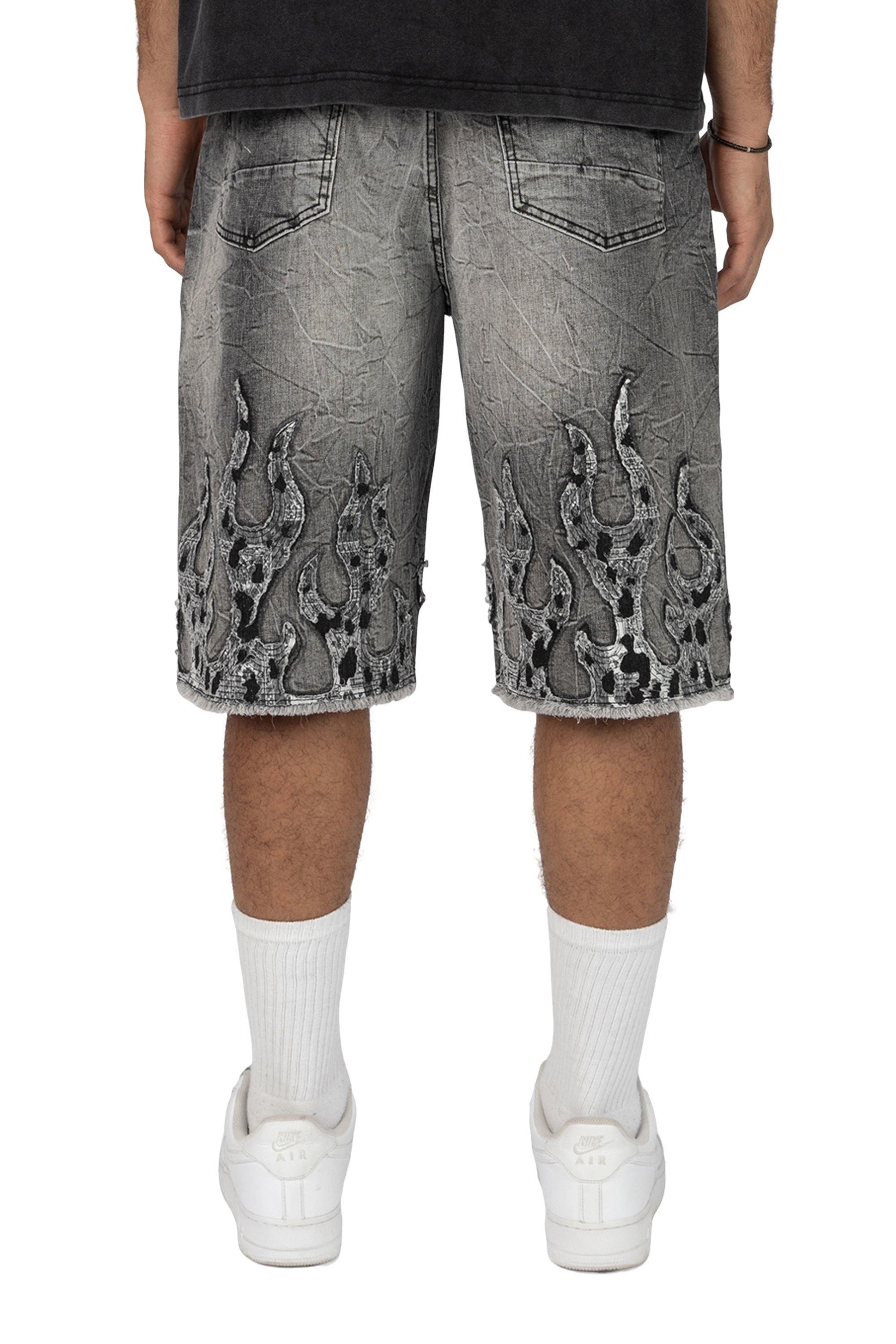Smoke Rise Men's Skater Flame Denim Shorts - Eris Grey